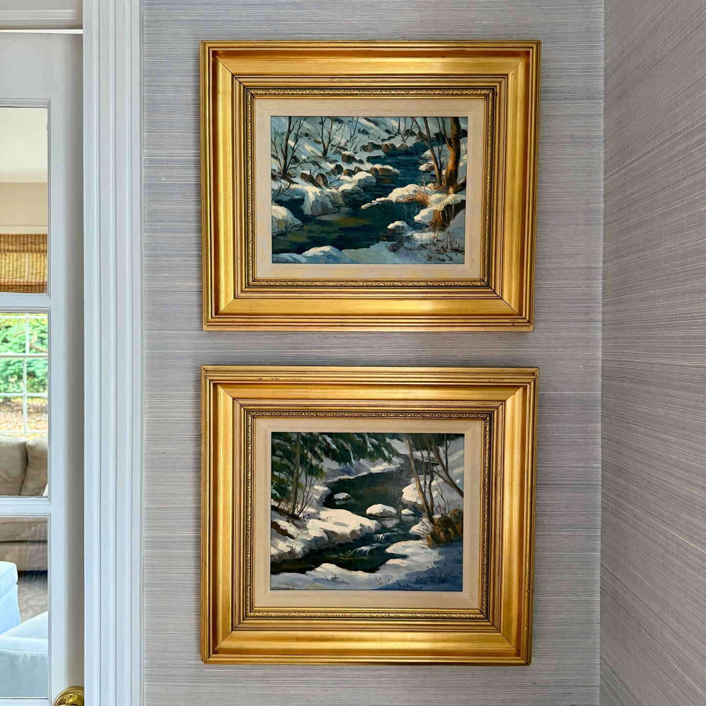 Terri Kennington Pair of New Hampshire Mink Brook and Melvin River Winter Landscapes in Gold Frames