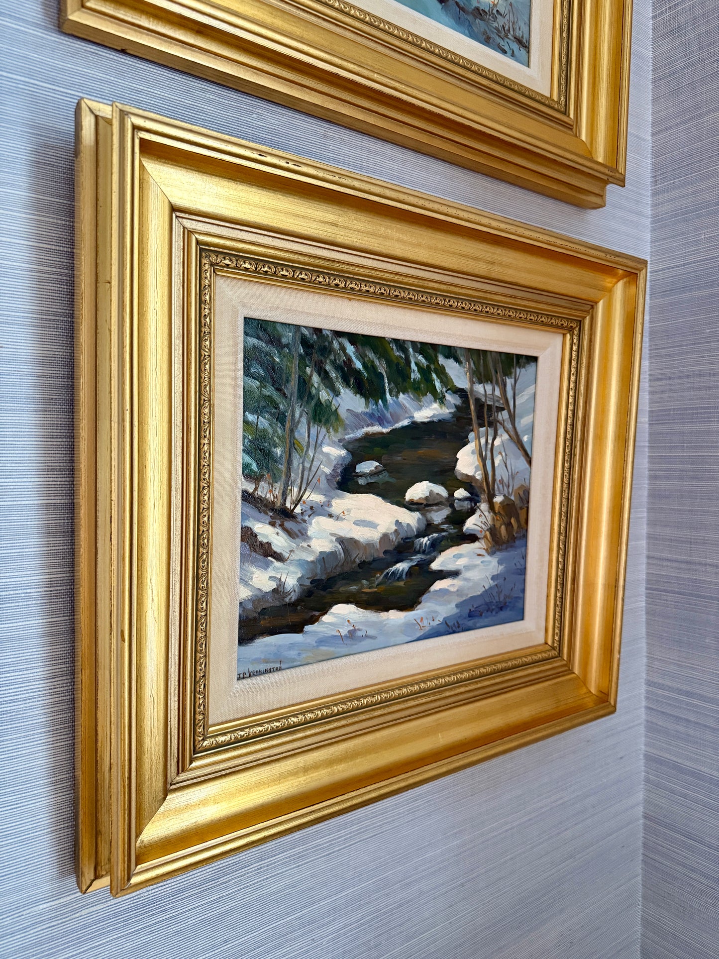 Terri Kennington Pair of New Hampshire Mink Brook and Melvin River Winter Landscapes in Gold Frames
