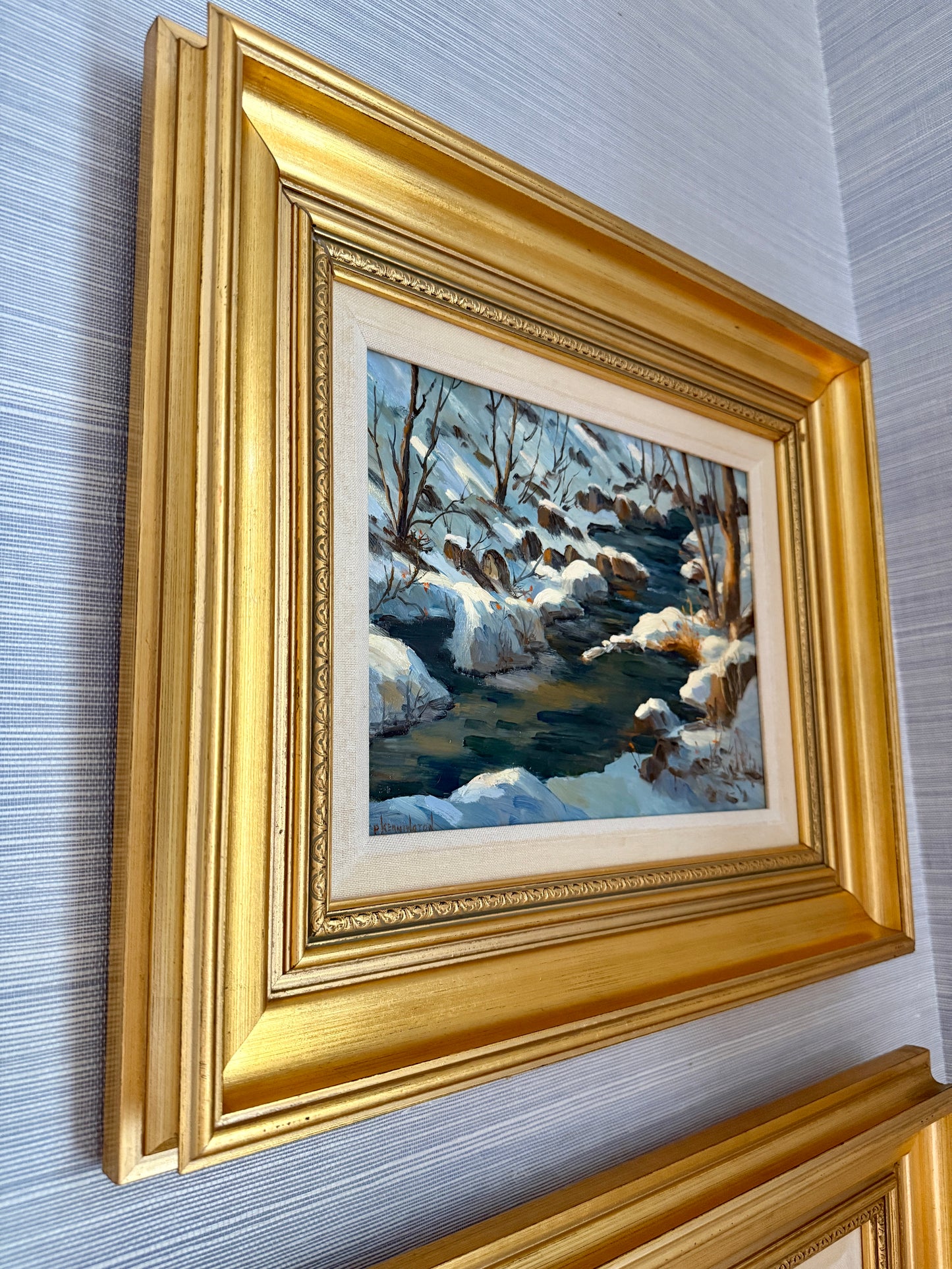 Terri Kennington Pair of New Hampshire Mink Brook and Melvin River Winter Landscapes in Gold Frames