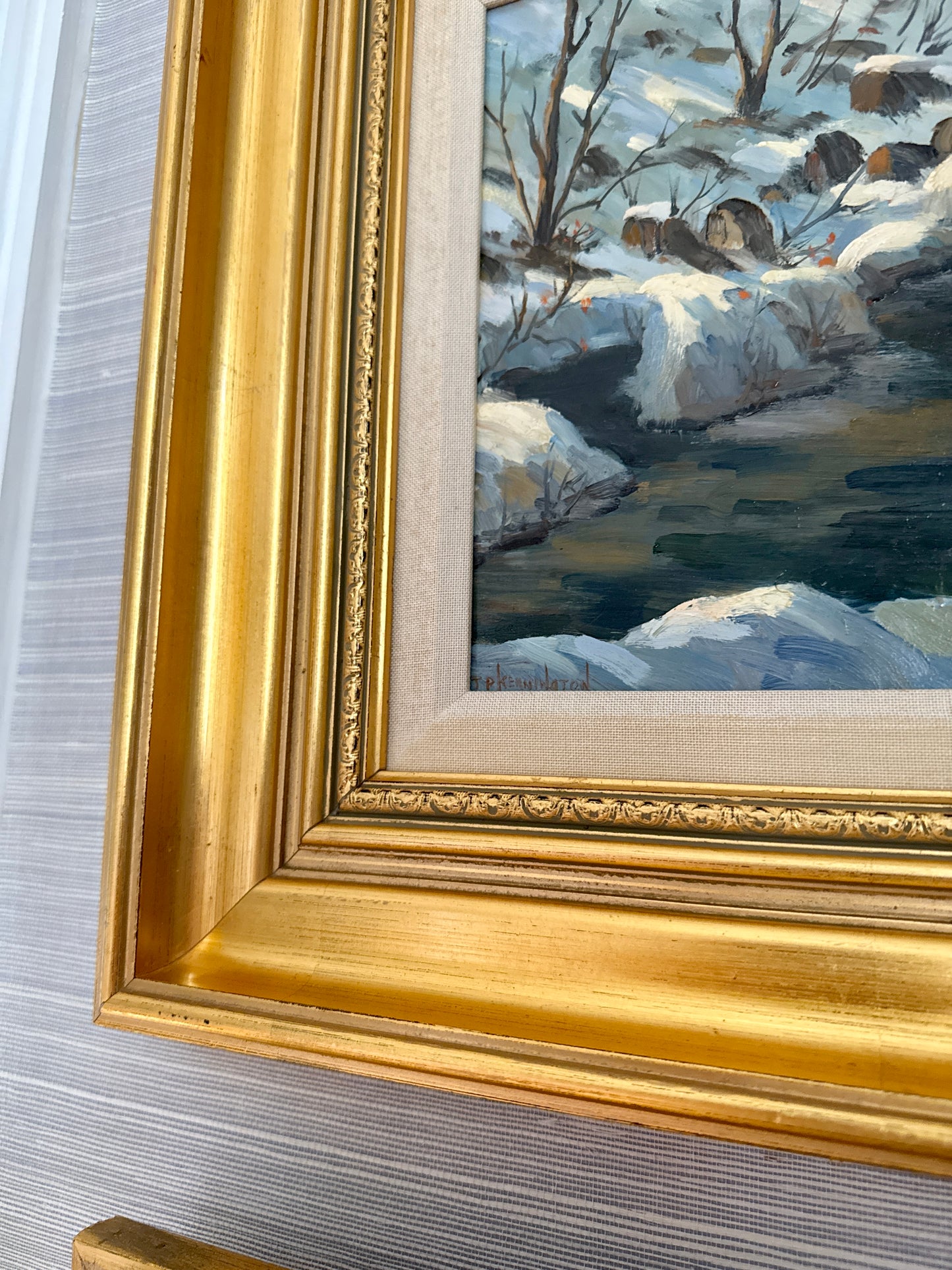 Terri Kennington Pair of New Hampshire Mink Brook and Melvin River Winter Landscapes in Gold Frames