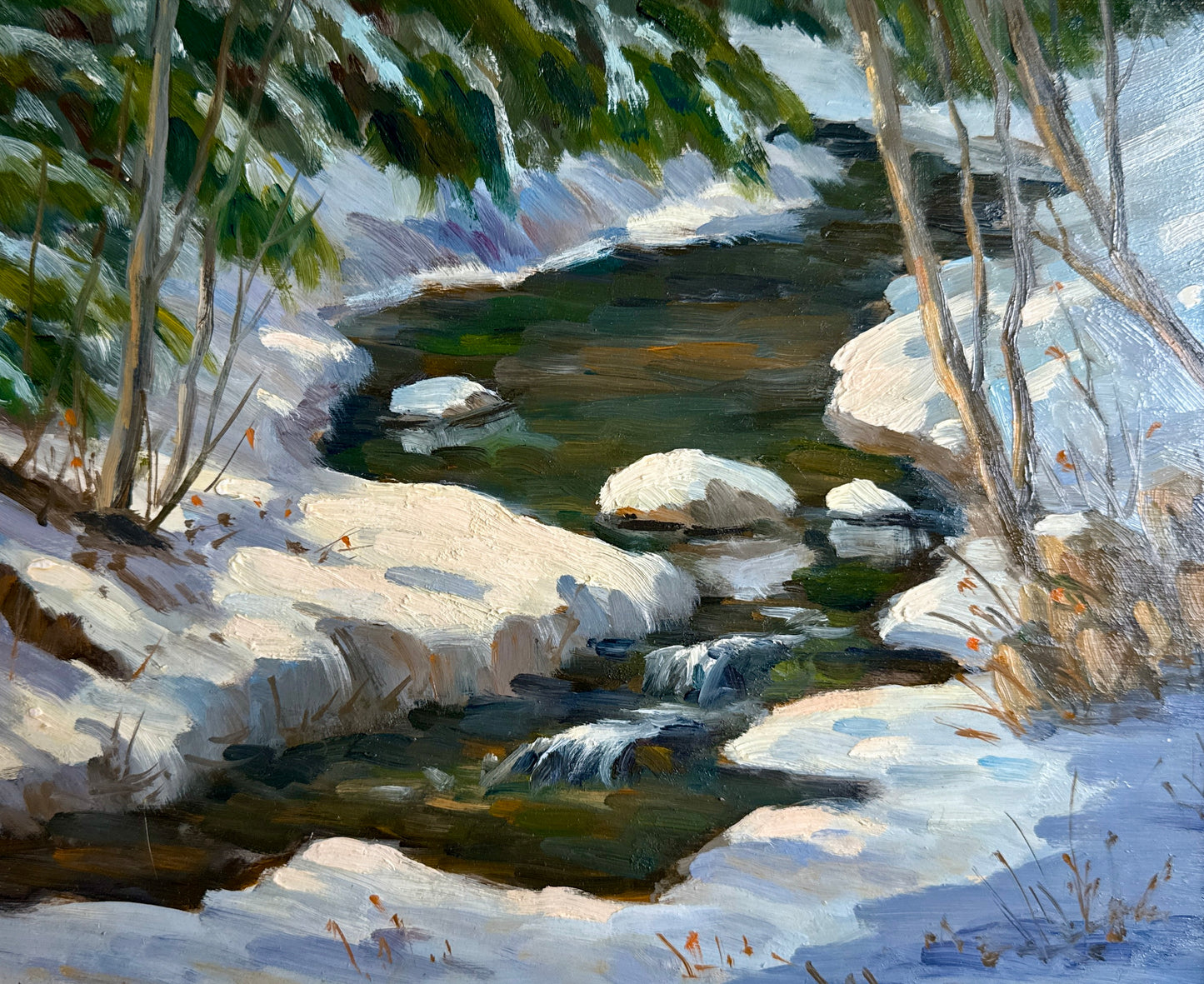 Terri Kennington Pair of New Hampshire Mink Brook and Melvin River Winter Landscapes in Gold Frames