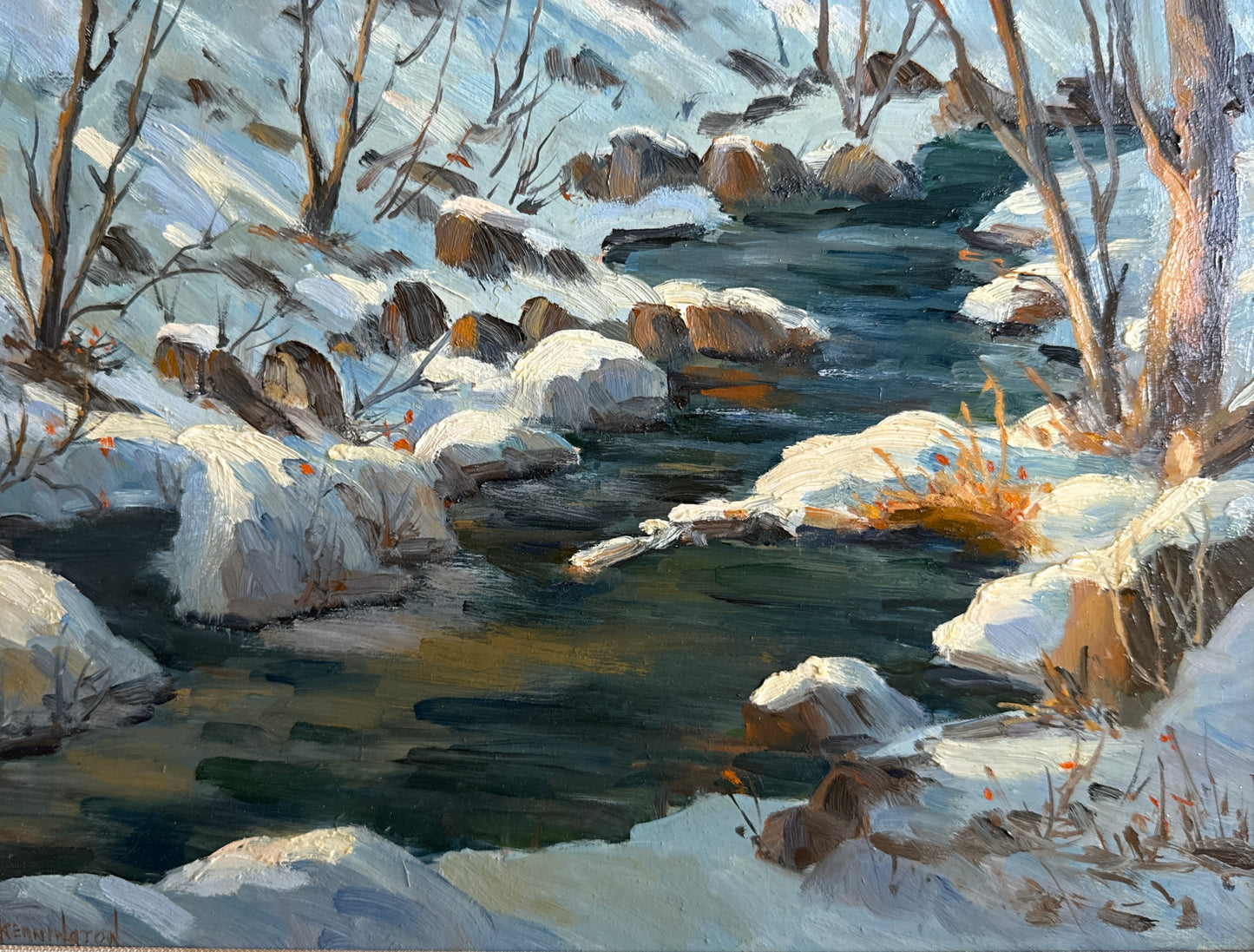 Terri Kennington Pair of New Hampshire Mink Brook and Melvin River Winter Landscapes in Gold Frames