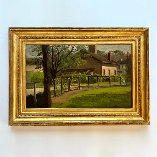 Late 19th / Early 20th C. Frank Waller Horse Rail Farm House Landscape in Gold Frame