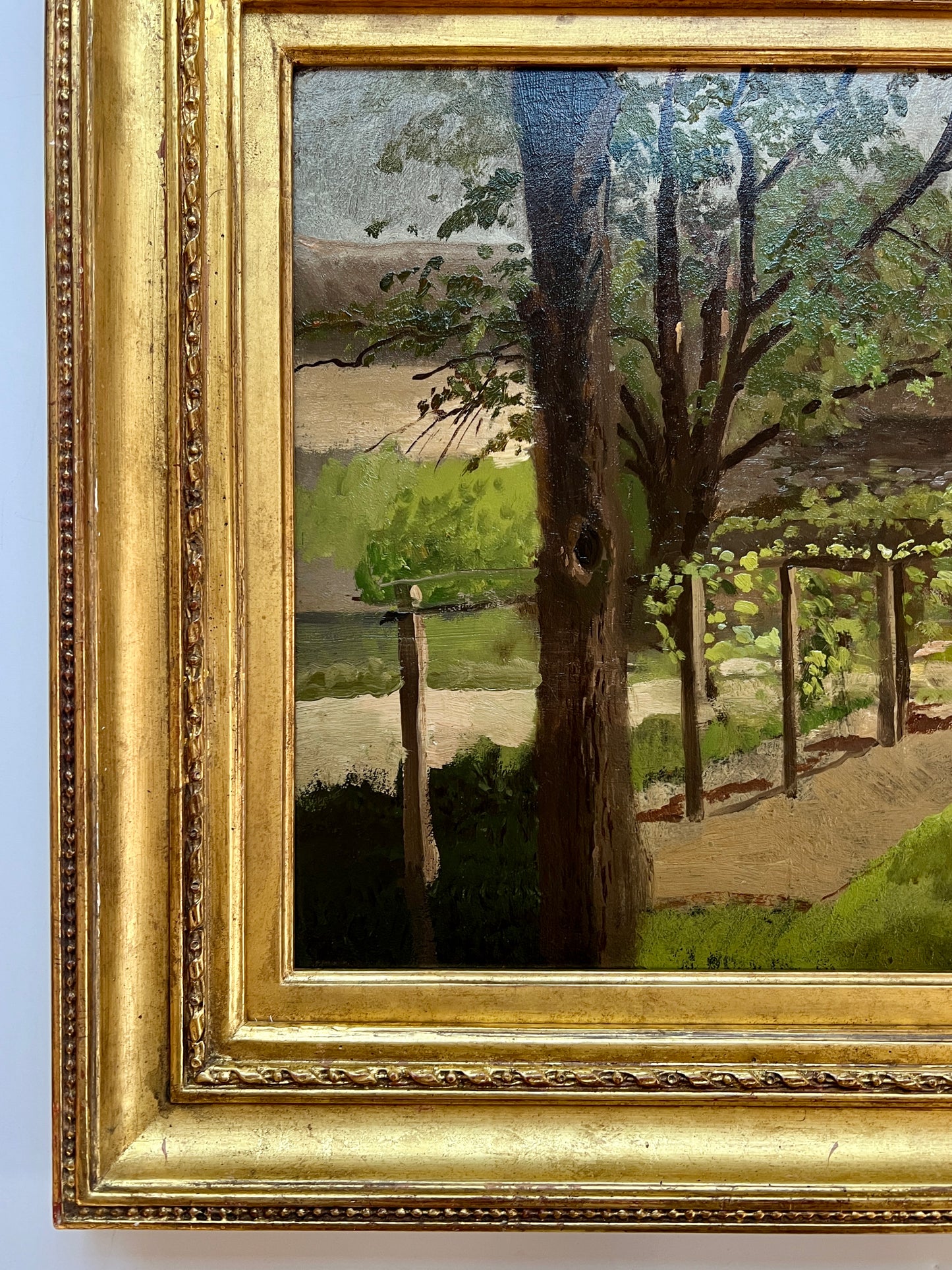 Late 19th / Early 20th C. Frank Waller Horse Rail Farm House Landscape in Gold Frame
