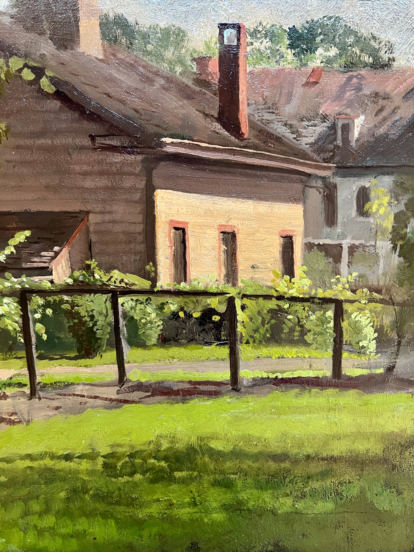 Late 19th / Early 20th C. Frank Waller Horse Rail Farm House Landscape in Gold Frame