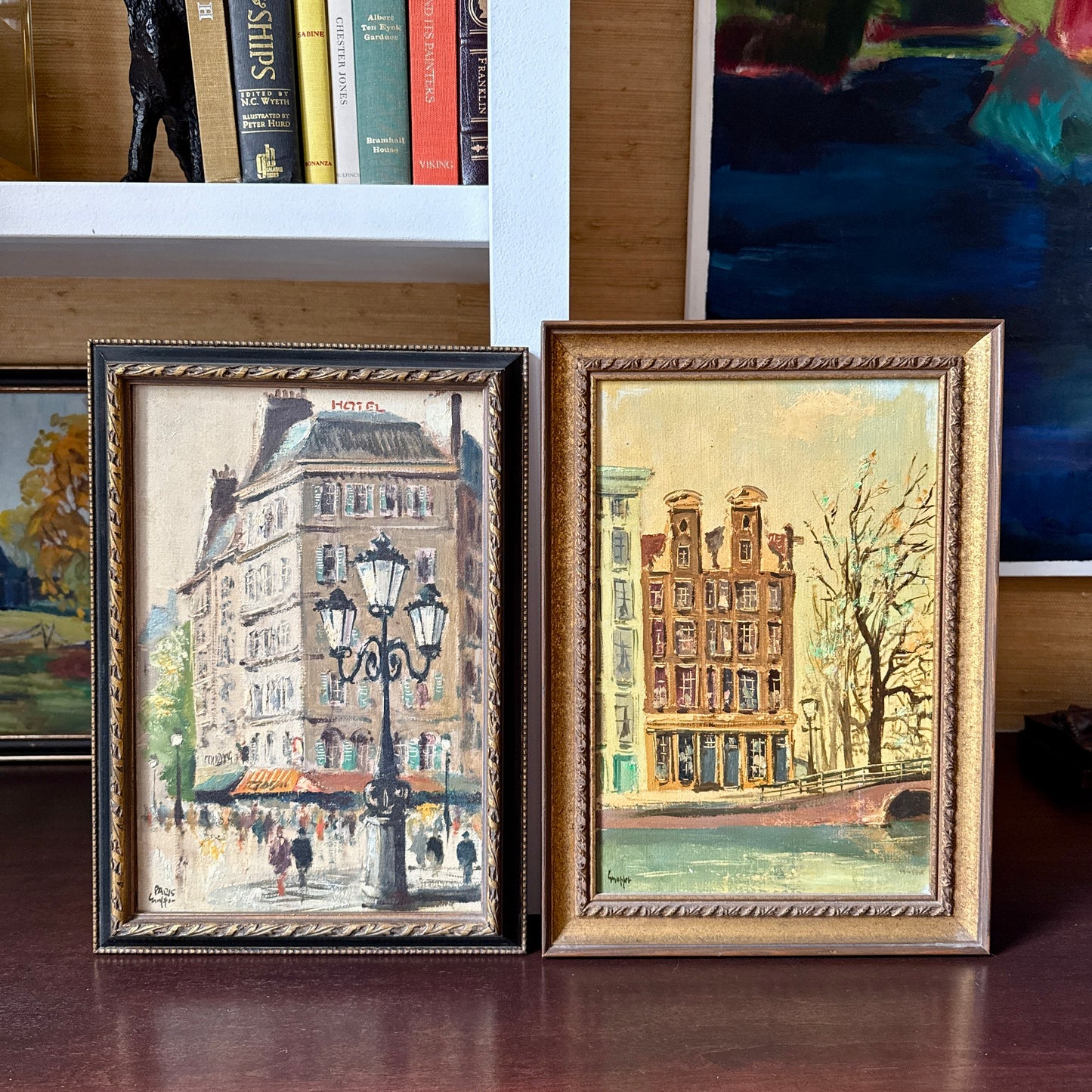 Pair of Reiner Snapper Paris and Netherlands Cityscapes Oil Painting in Vintage Frames