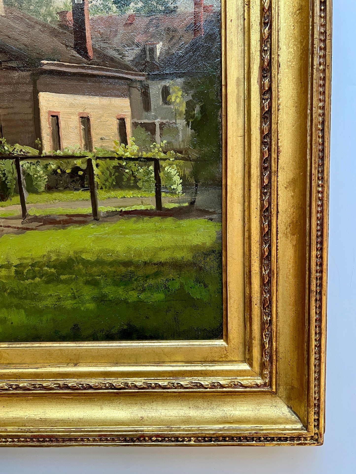 Late 19th / Early 20th C. Frank Waller Horse Rail Farm House Landscape in Gold Frame