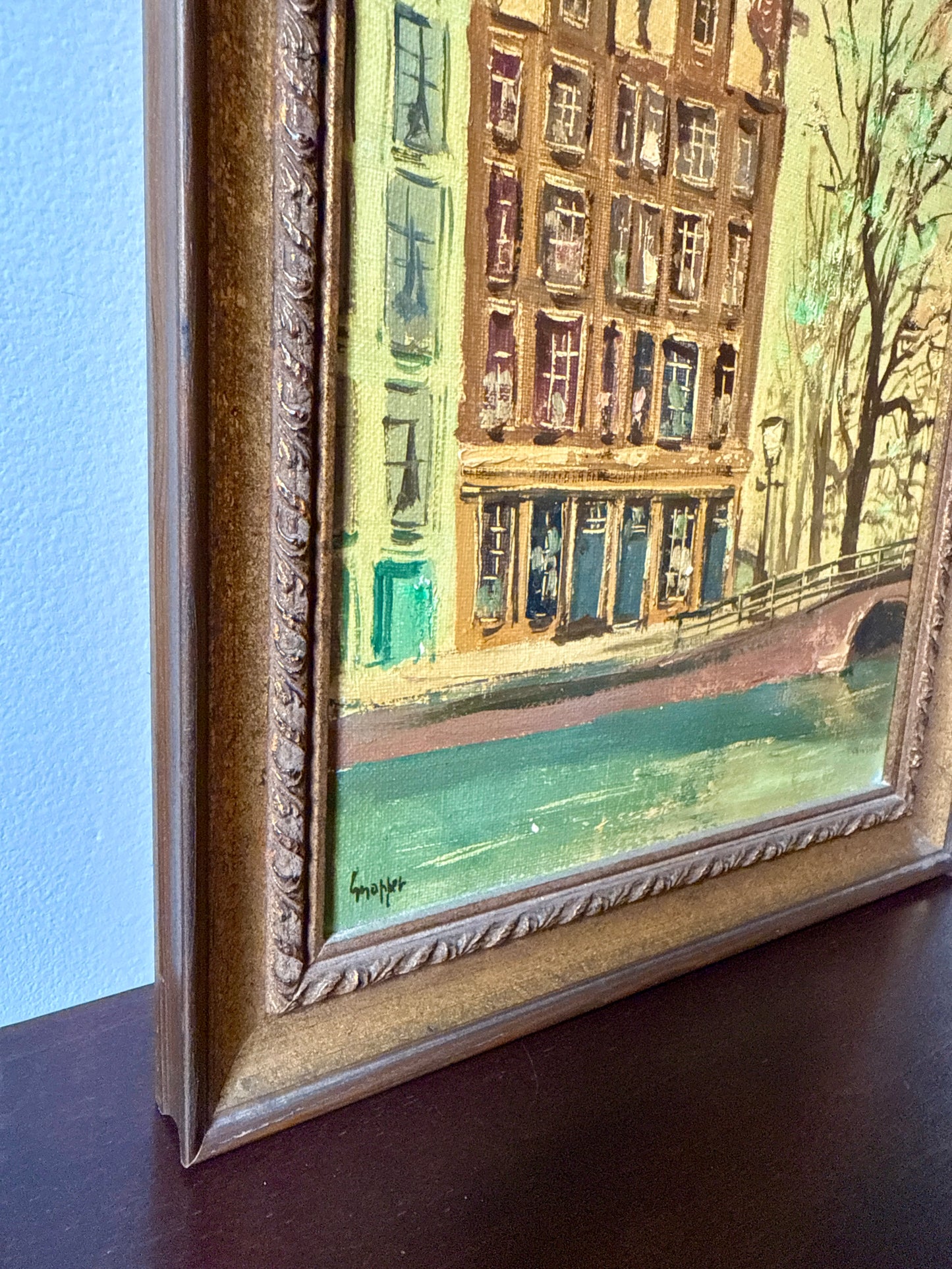 Pair of Reiner Snapper Paris and Netherlands Cityscapes Oil Painting in Vintage Frames