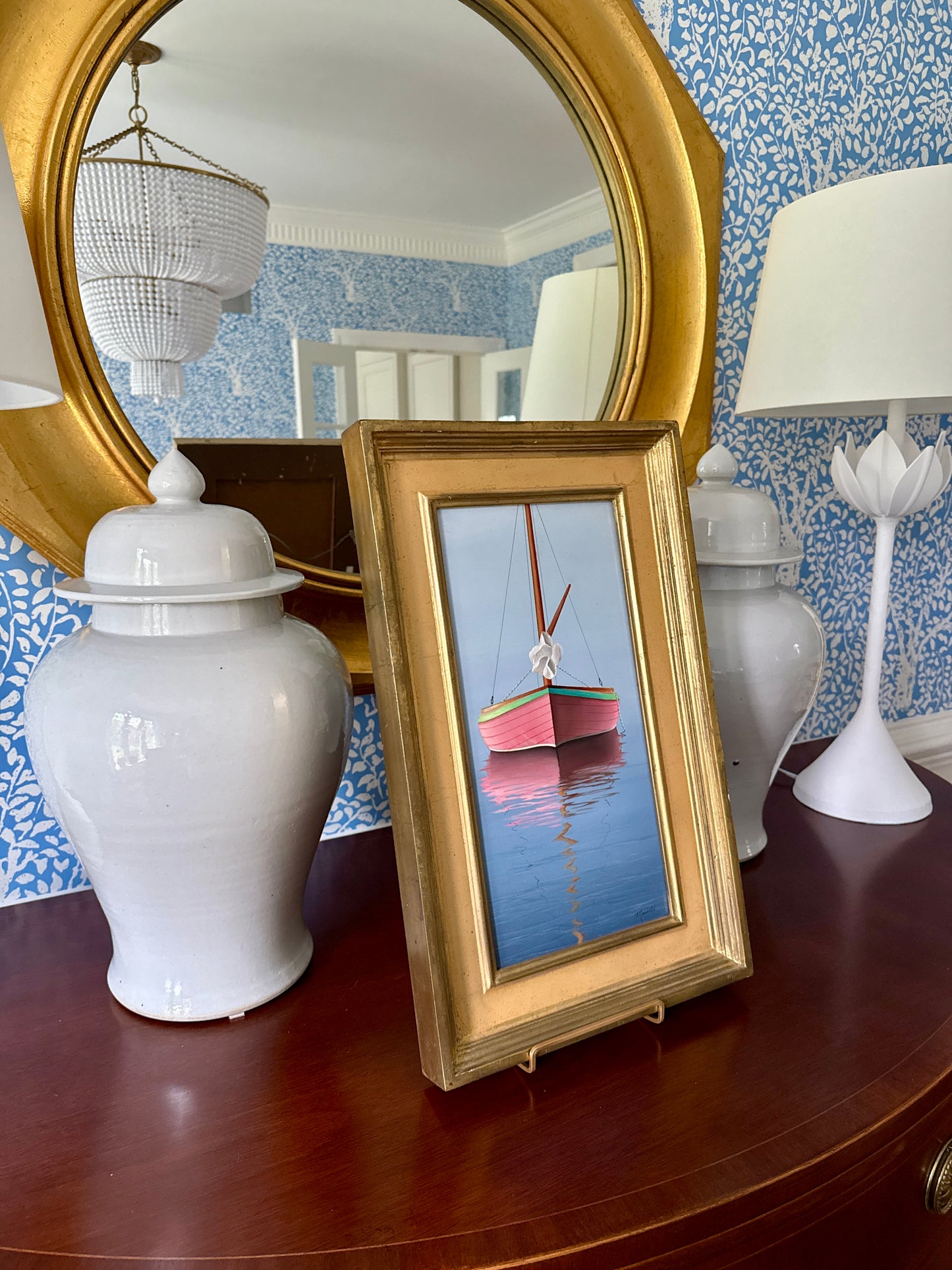 Christie Marinelli Pink Catboat in Seascape Oil Painting in Gold Frame