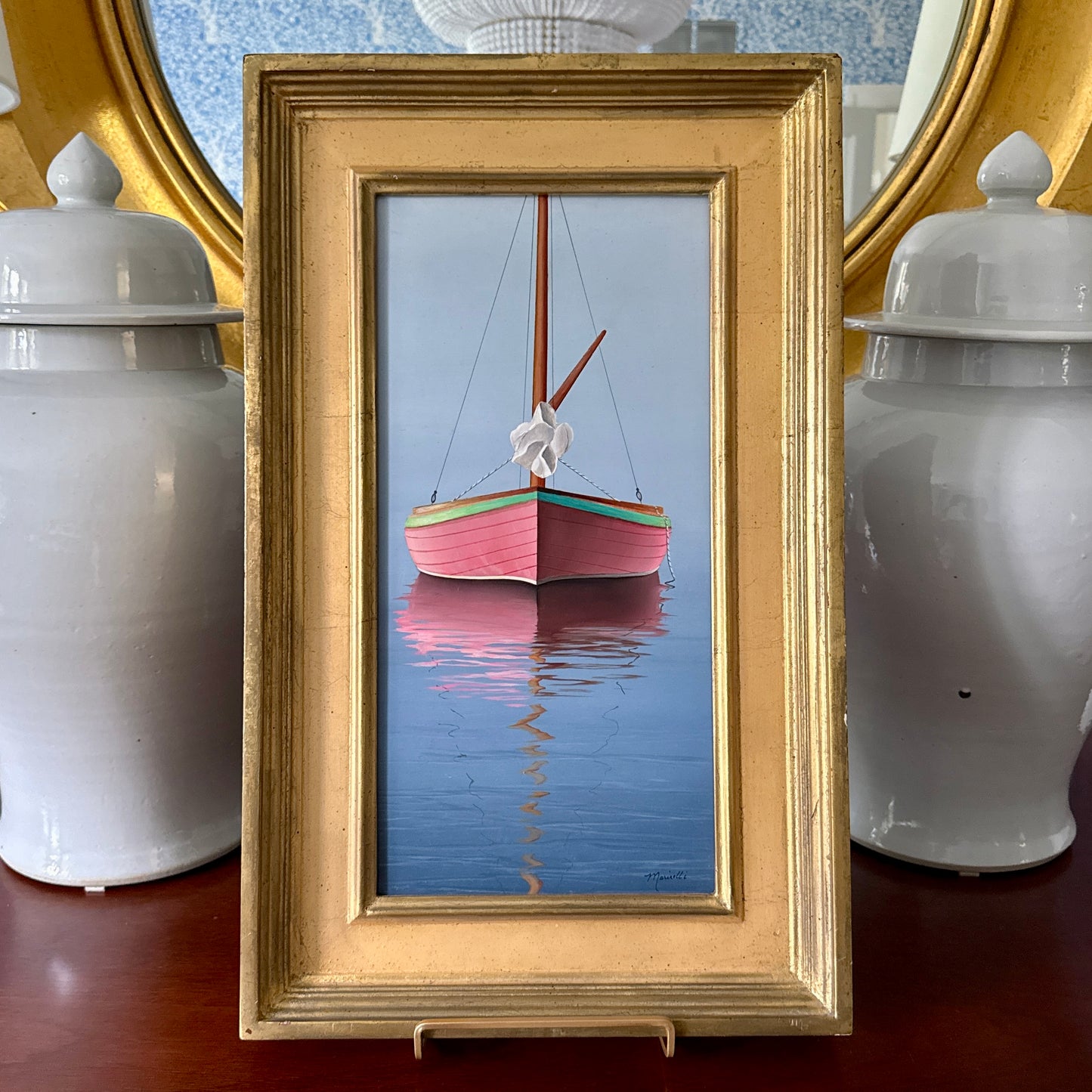 Christie Marinelli Pink Catboat in Seascape Oil Painting in Gold Frame