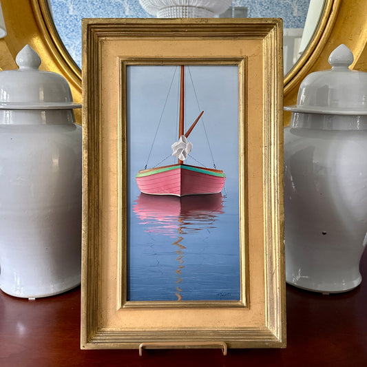 Christie Marinelli Pink Catboat in Seascape Oil Painting in Gold Frame