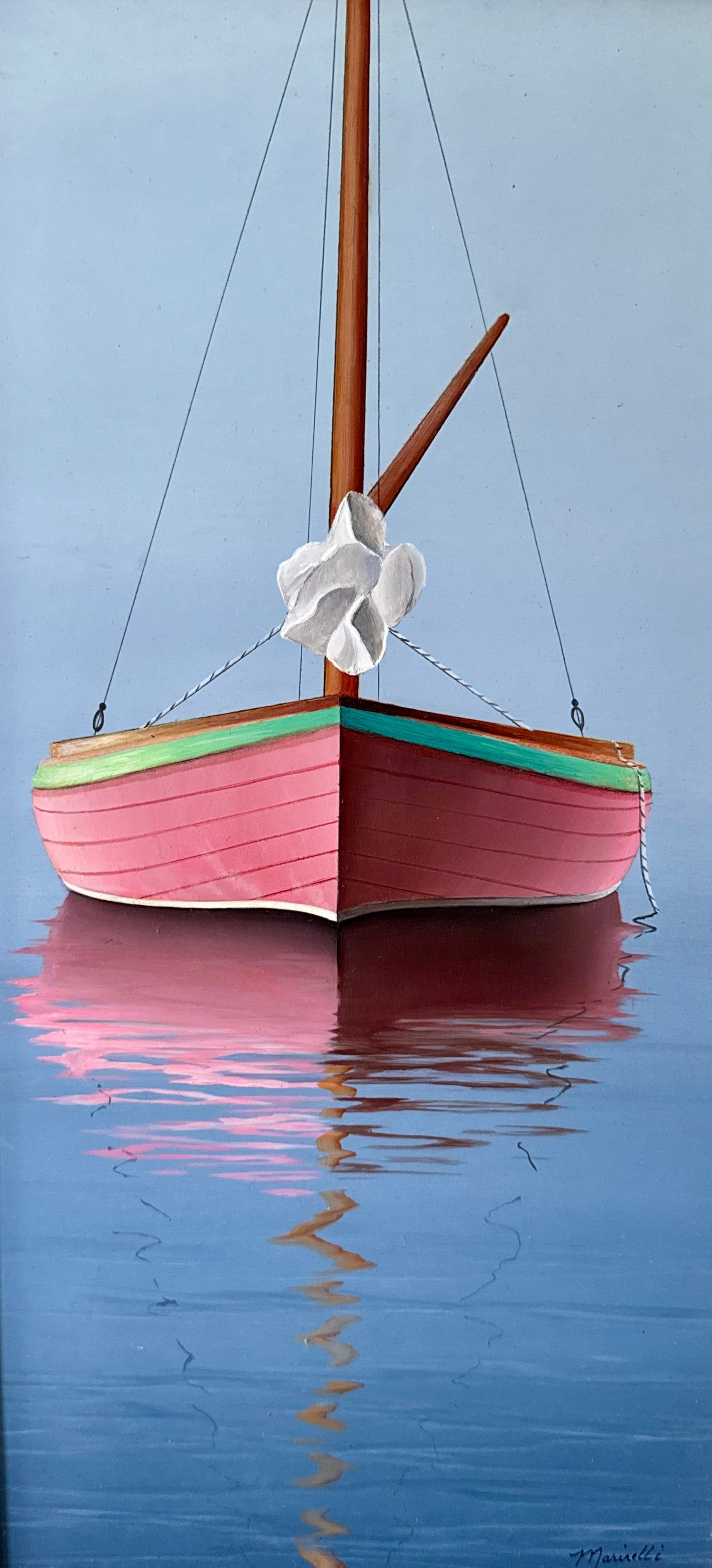 Christie Marinelli Pink Catboat in Seascape Oil Painting in Gold Frame