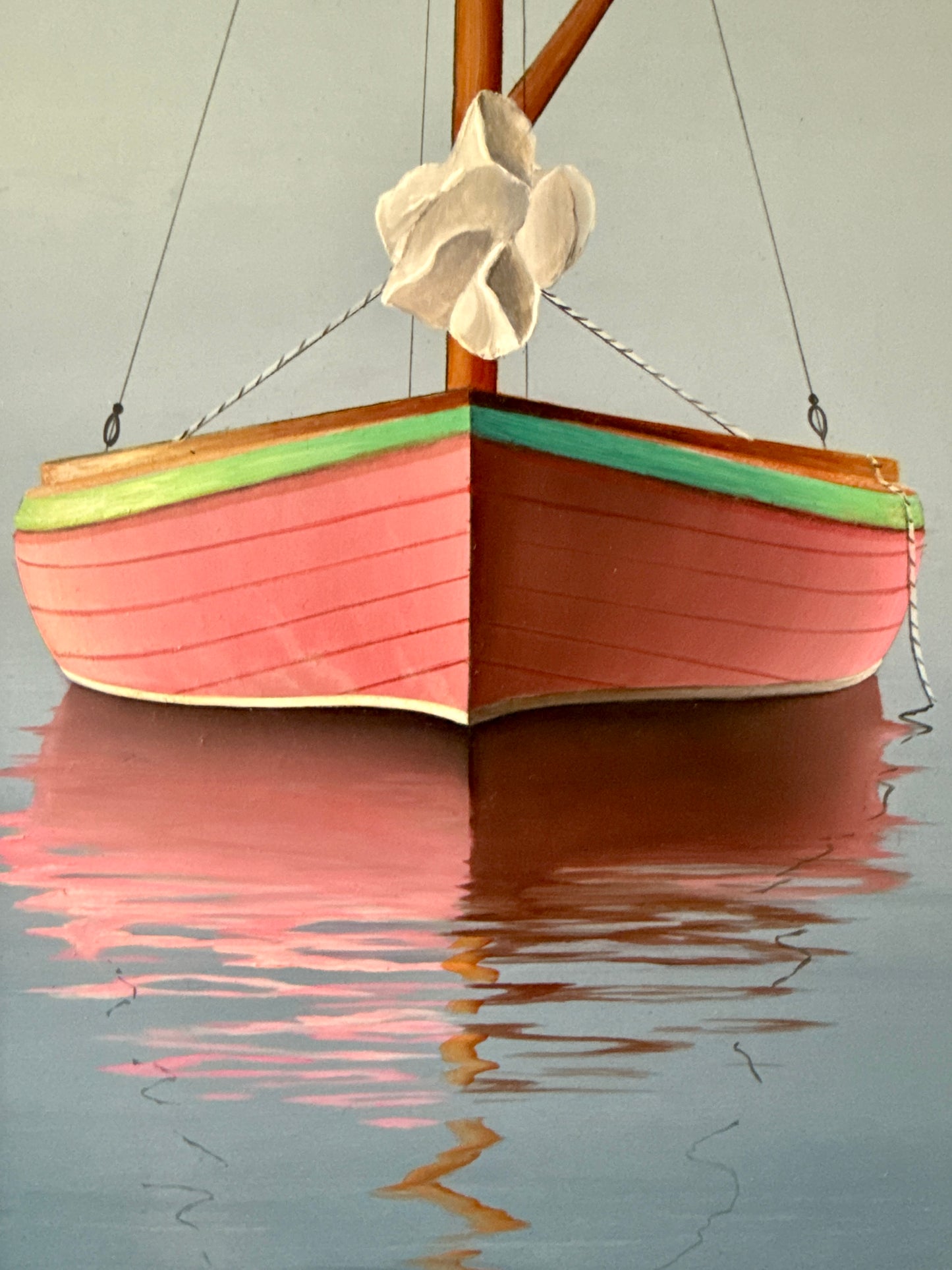 Christie Marinelli Pink Catboat in Seascape Oil Painting in Gold Frame