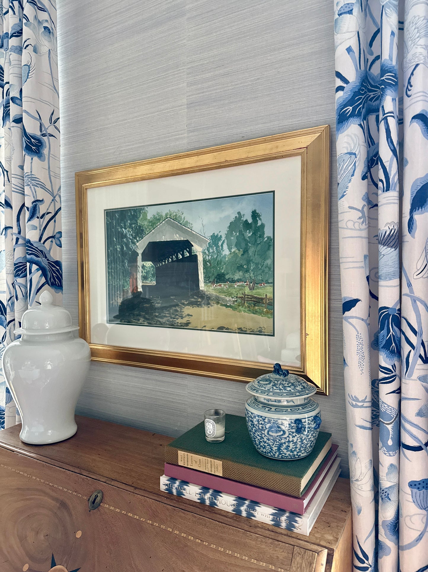 Robert DePuy Buck Run Covered Bridge with Cows in Landscape Watercolor Painting in Gold Frame