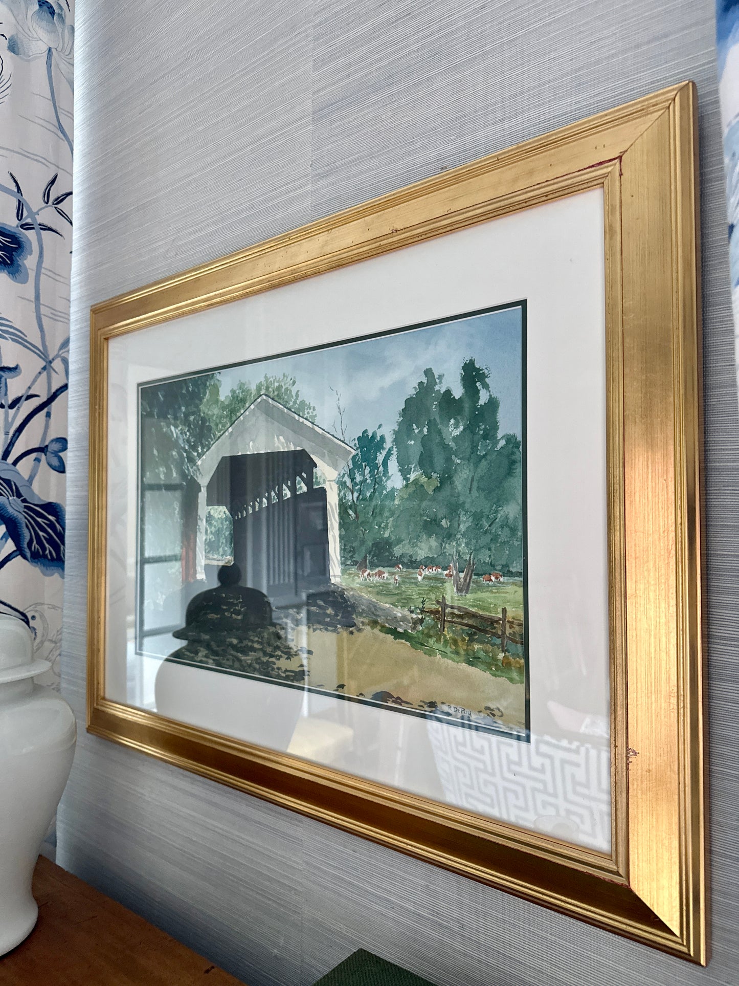 Robert DePuy Buck Run Covered Bridge with Cows in Landscape Watercolor Painting in Gold Frame