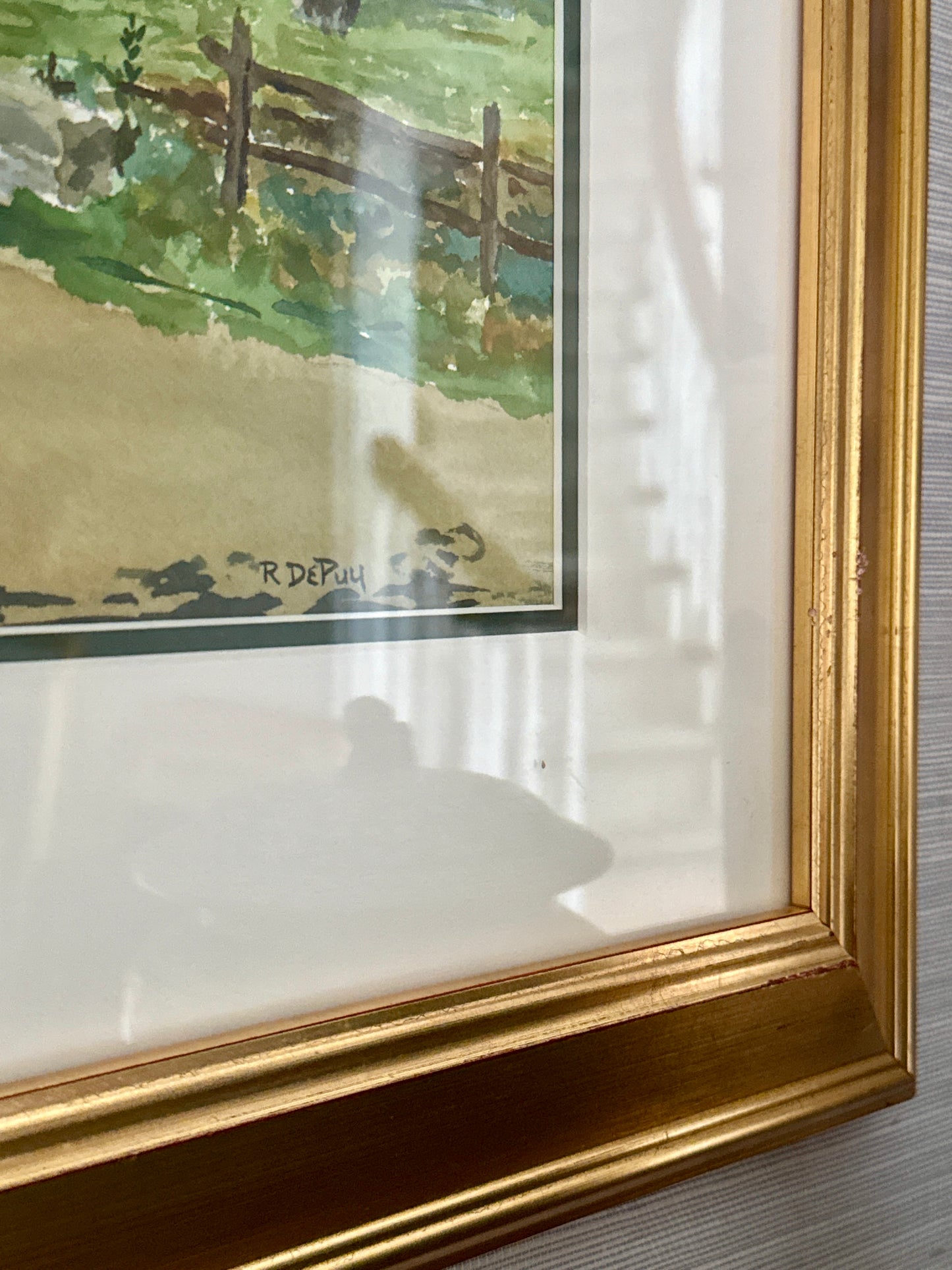 Robert DePuy Buck Run Covered Bridge with Cows in Landscape Watercolor Painting in Gold Frame