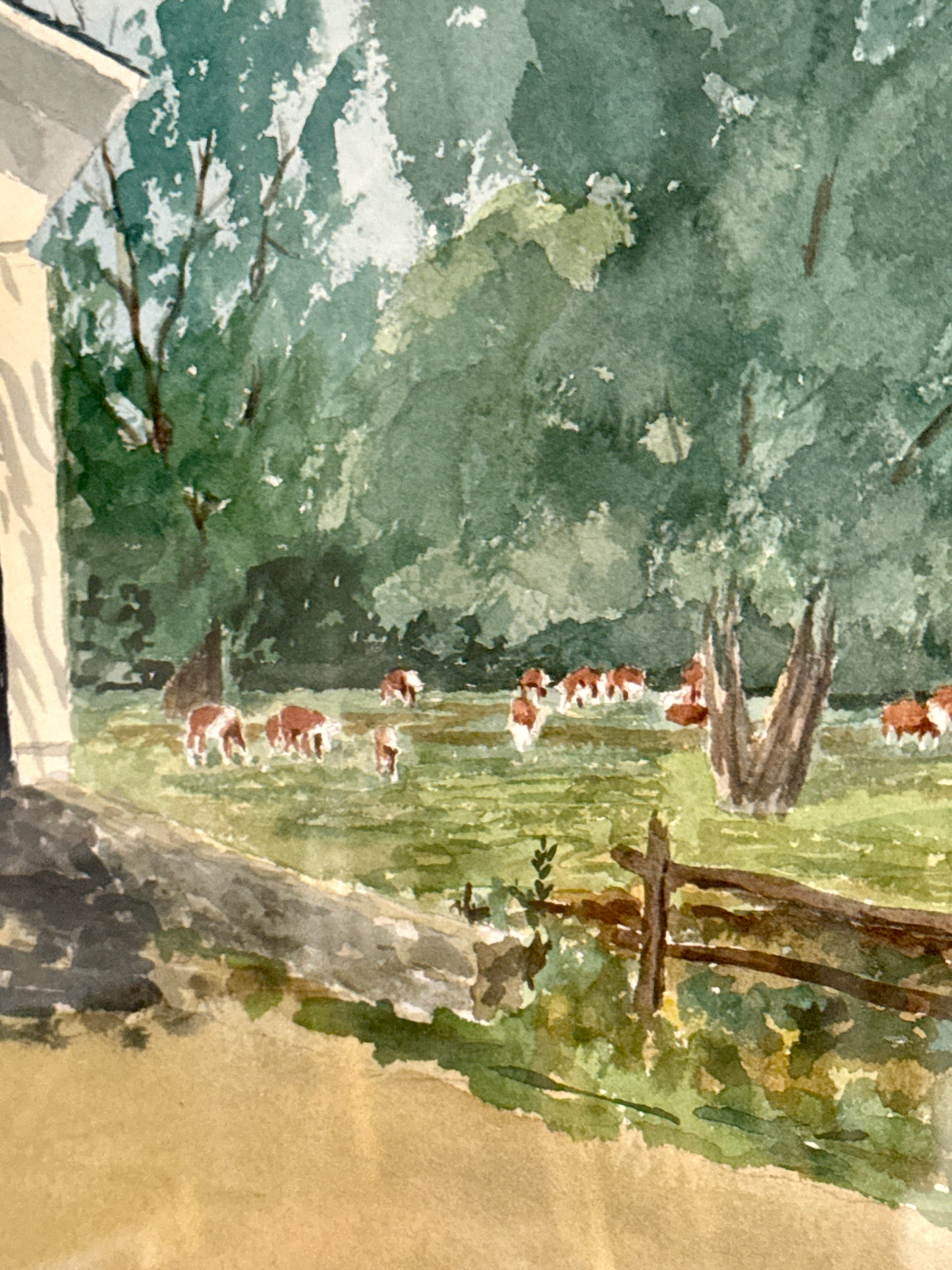 Robert DePuy Buck Run Covered Bridge with Cows in Landscape Watercolor Painting in Gold Frame