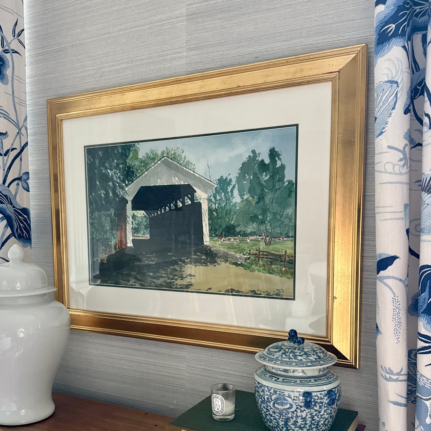 Robert DePuy Buck Run Covered Bridge with Cows in Landscape Watercolor Painting in Gold Frame