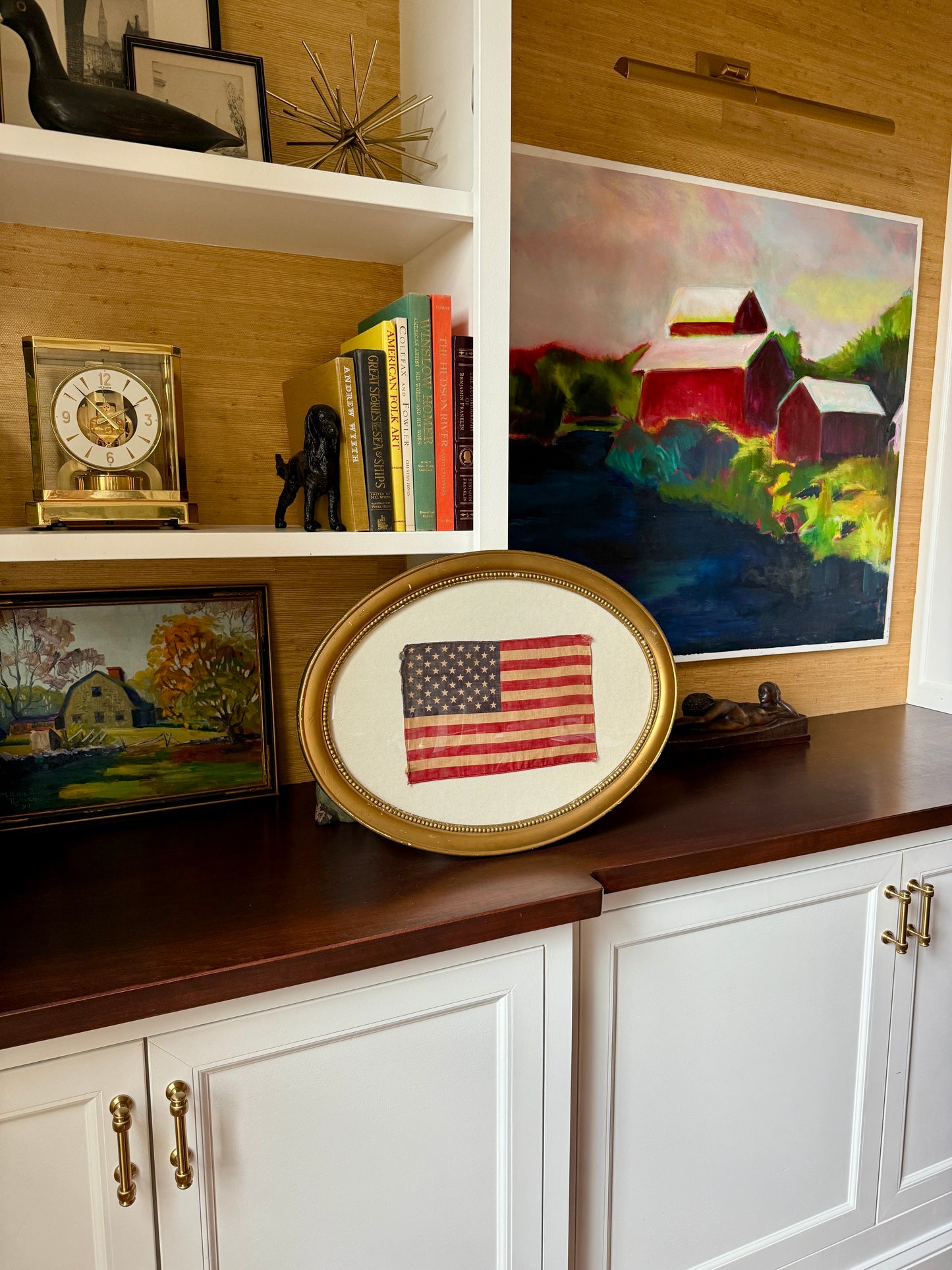 Old 50 Star American Parade Flag on Duck Cloth under Convex Glass in Antique Oval Gold Frame
