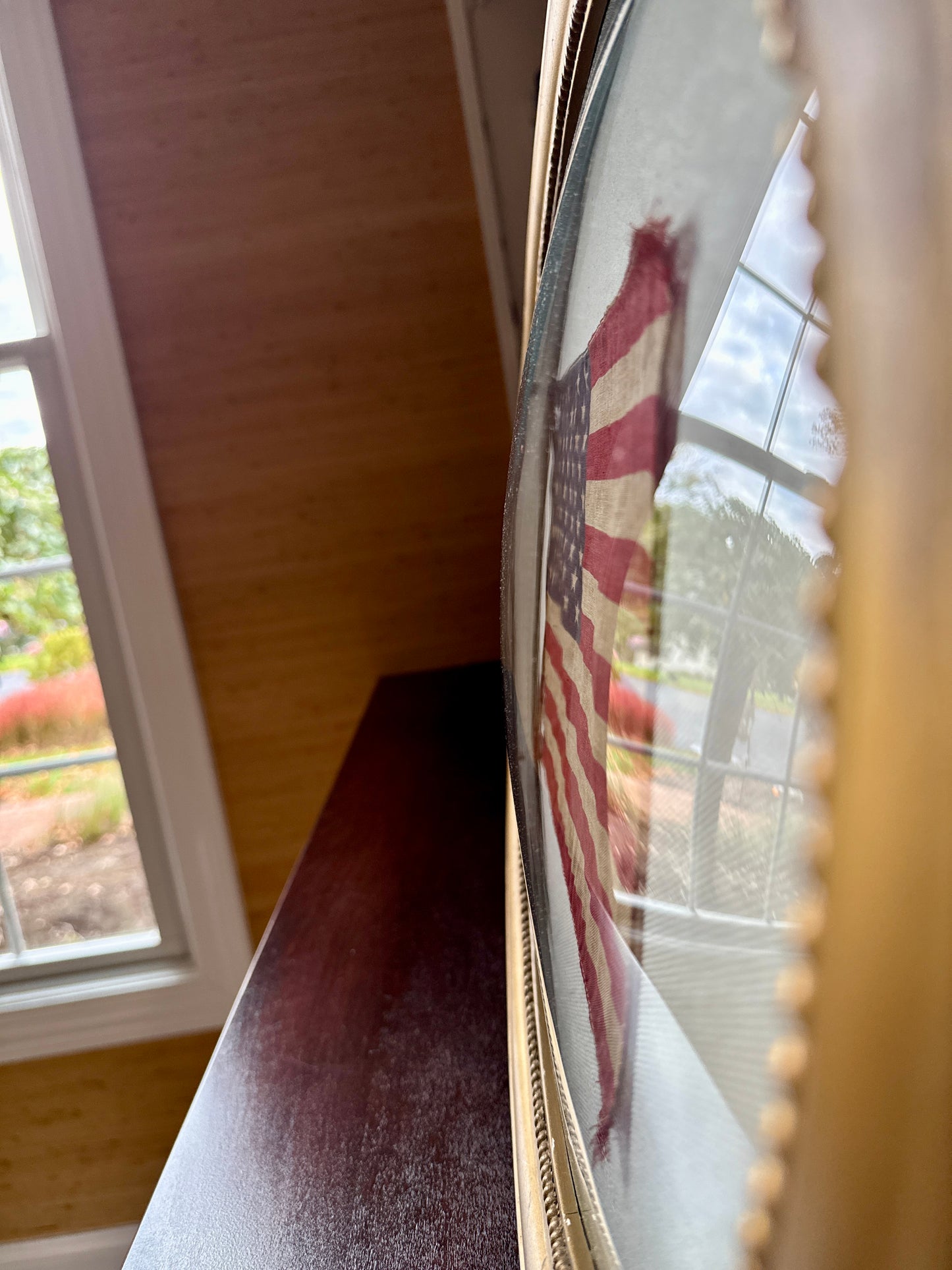 Old 50 Star American Parade Flag on Duck Cloth under Convex Glass in Antique Oval Gold Frame