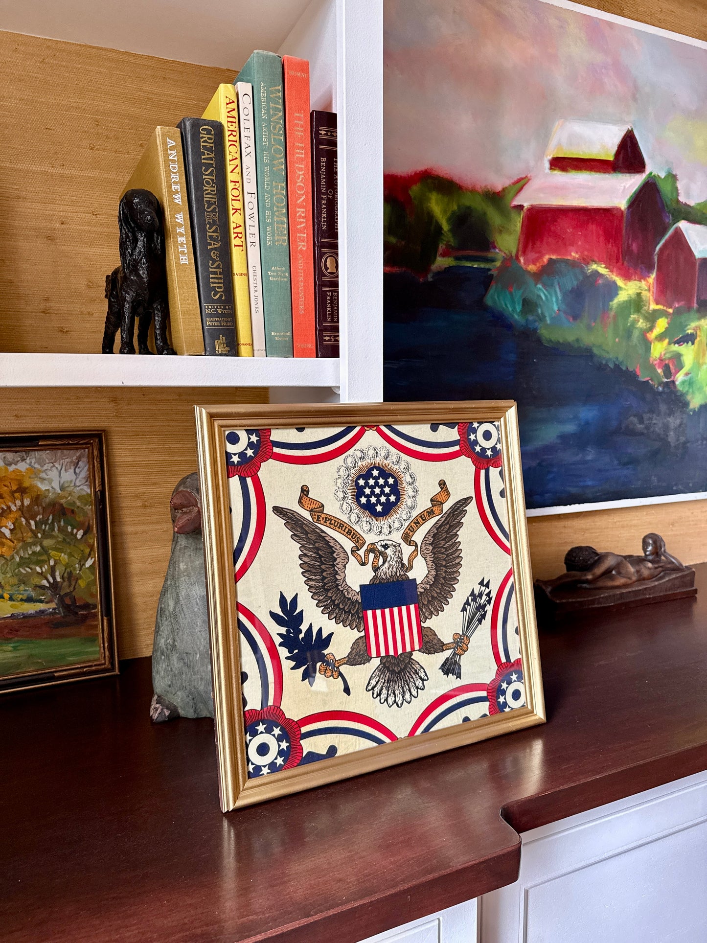 Vintage Framed Americana Textile E Pluribus Unum Bald Eagle in Gold Frame