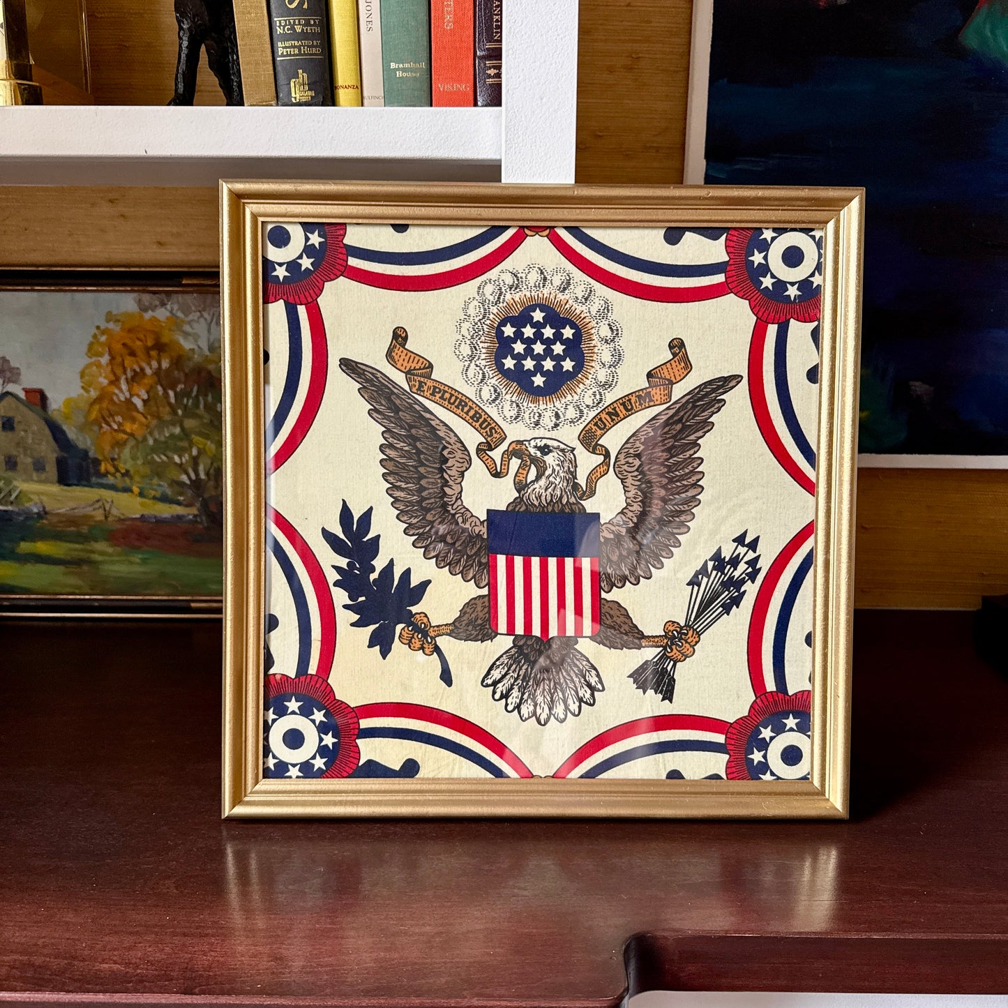 Vintage Framed Americana Textile E Pluribus Unum Bald Eagle in Gold Frame