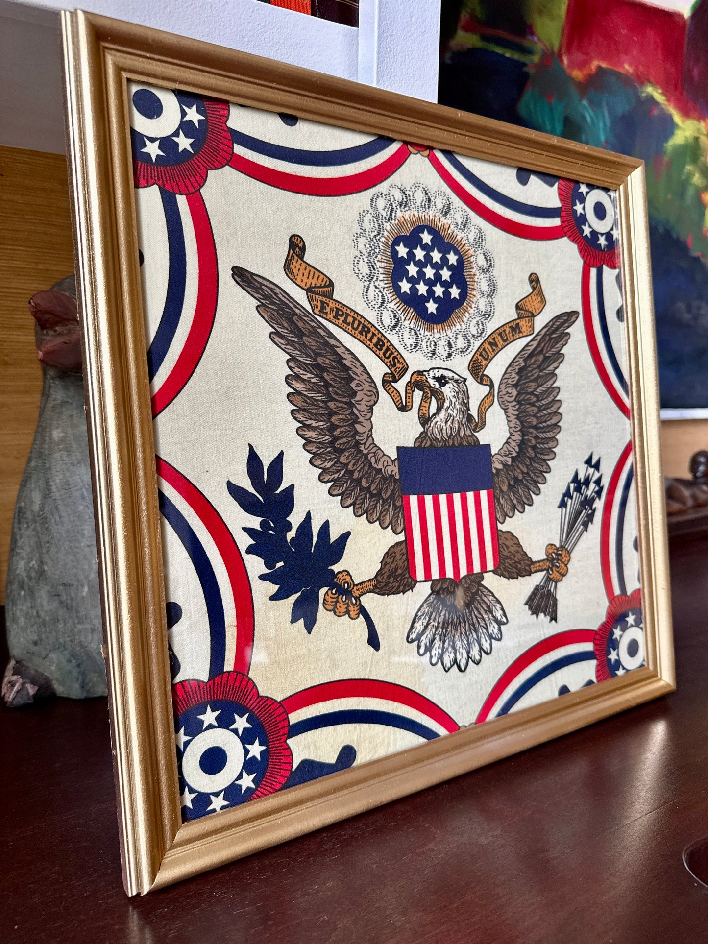 Vintage Framed Americana Textile E Pluribus Unum Bald Eagle in Gold Frame