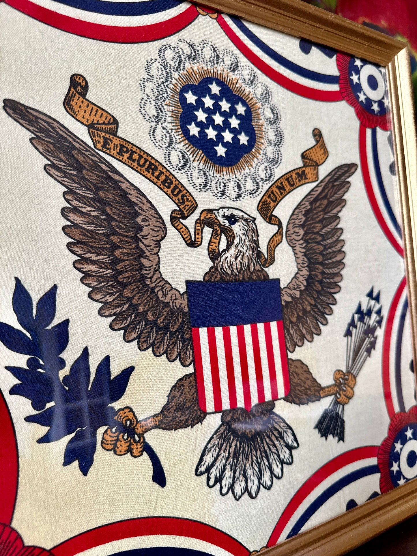 Vintage Framed Americana Textile E Pluribus Unum Bald Eagle in Gold Frame