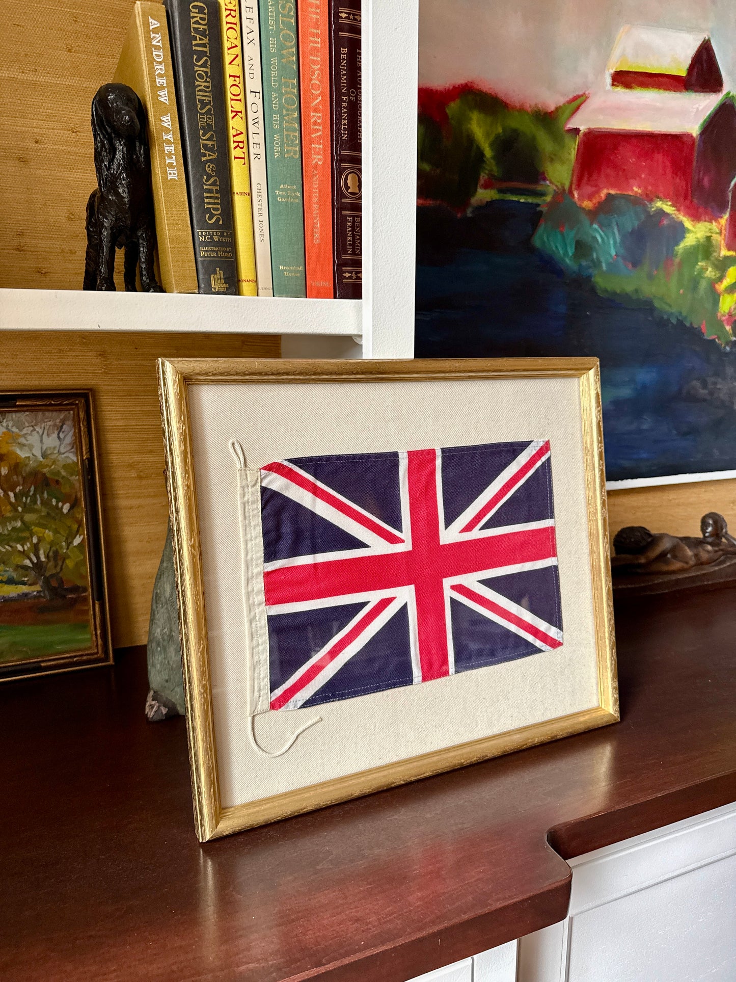 Vintage Union Jack Parade Flag on Ivory Twill in Gold Wood Frame