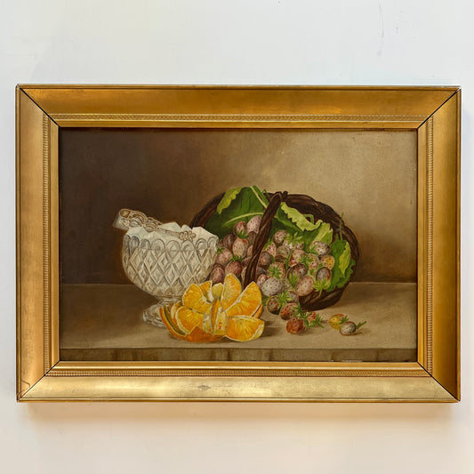 19th Century American Folk Art Still Life Sugar Cubes and Basket of Strawberries in Gold Frame