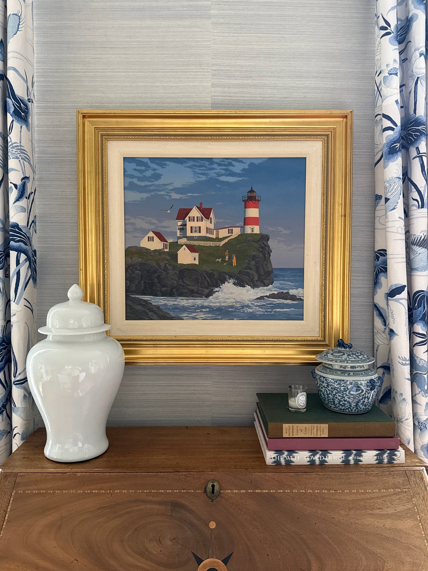 John Atwater Cape Neddick Light, Maine Lighthouse Seascape Painting in Gold Frame
