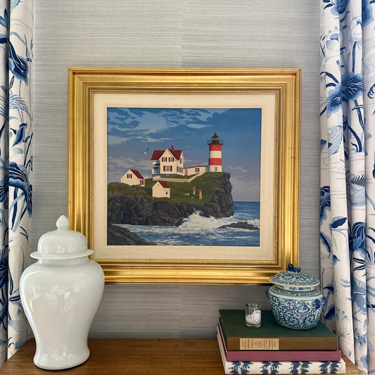 John Atwater Cape Neddick Light, Maine Lighthouse Seascape Painting in Gold Frame