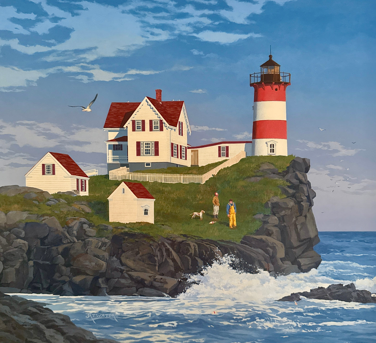 John Atwater Cape Neddick Light, Maine Lighthouse Seascape Painting in Gold Frame