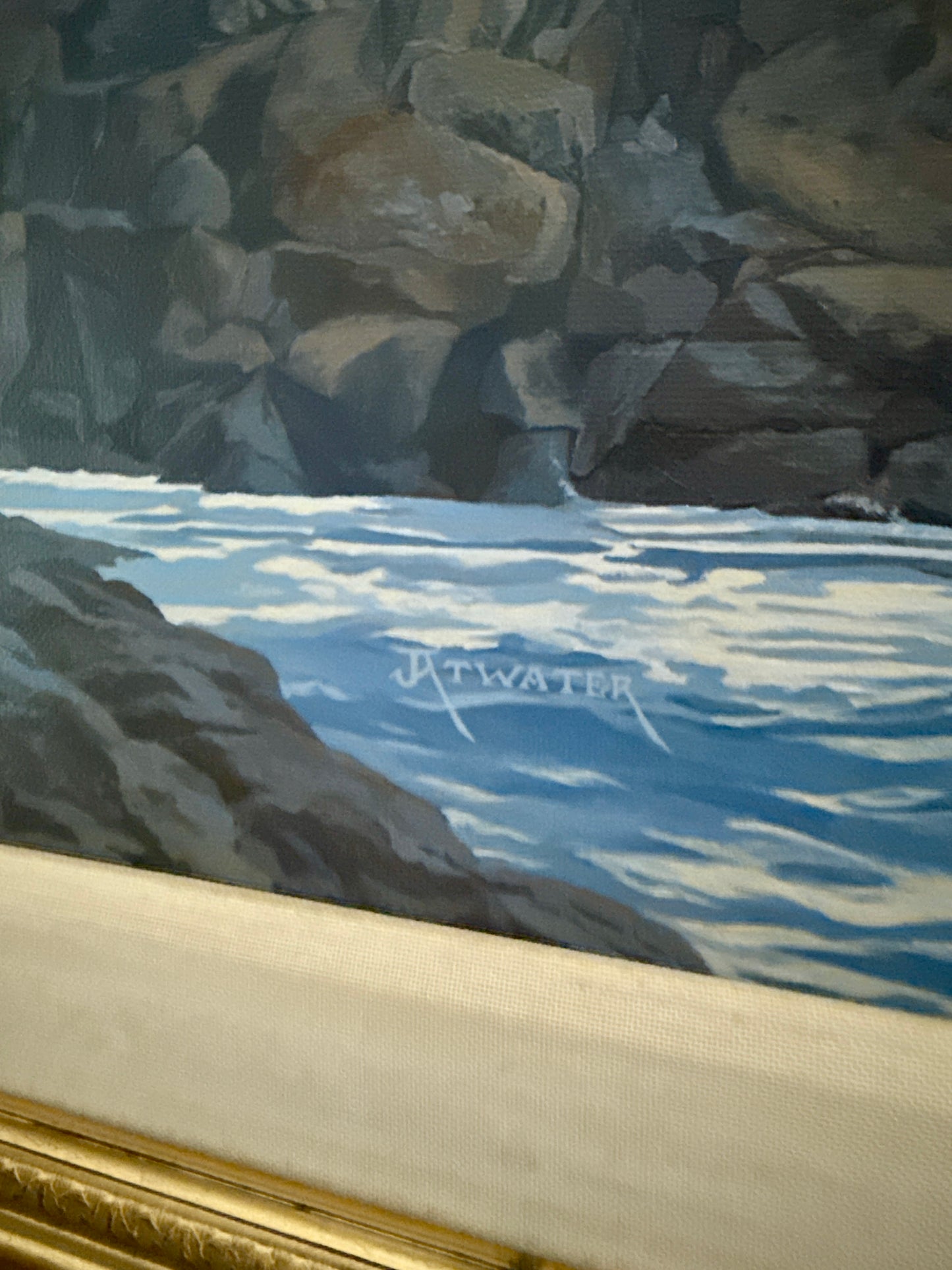 John Atwater Cape Neddick Light, Maine Lighthouse Seascape Painting in Gold Frame