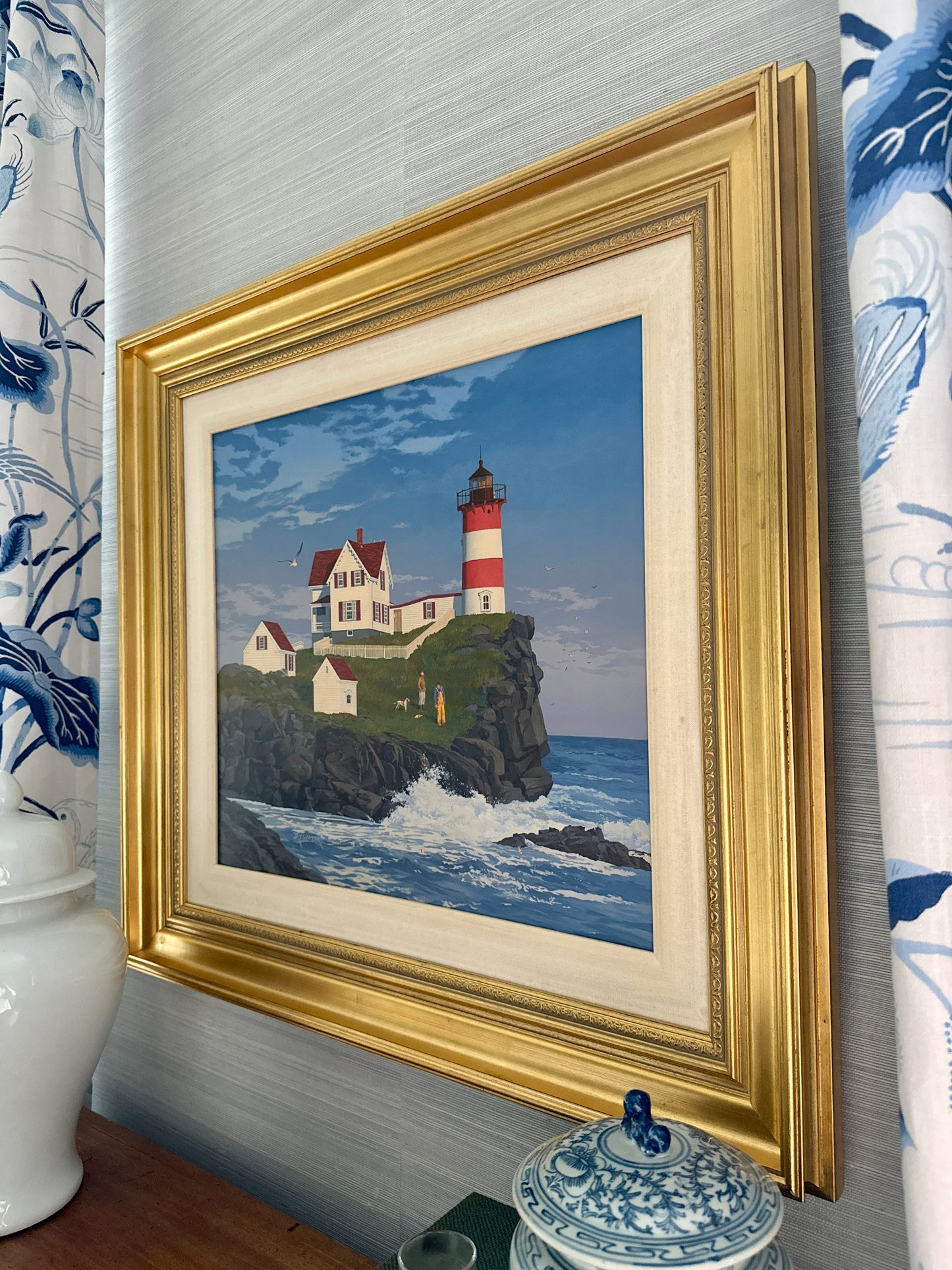 John Atwater Cape Neddick Light, Maine Lighthouse Seascape Painting in Gold Frame