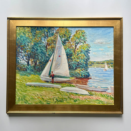 Edmund Jordan Sailboat Repairs Lake Galena Pennsylvania Oil Painting in Gold Frame