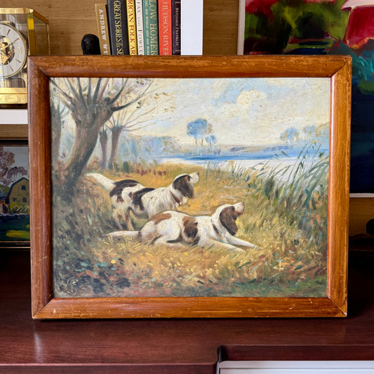 Early 20th Century Portrait of Hunting Dogs in Landscape Oil Painting in Wood Frame