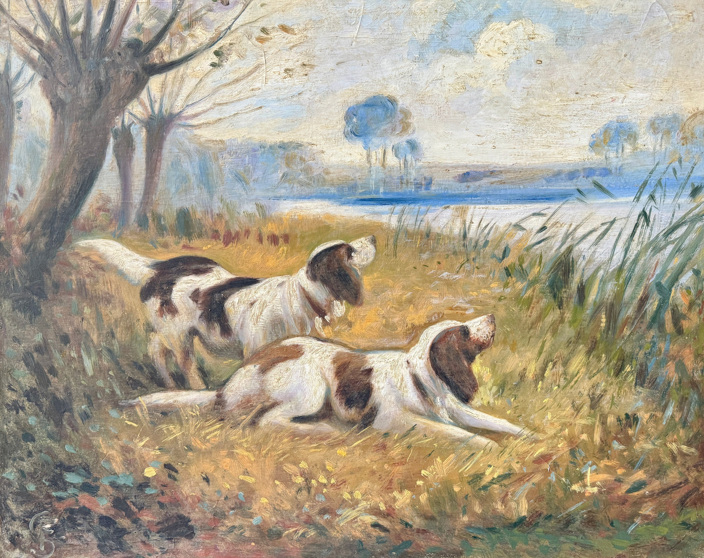 Early 20th Century Portrait of Hunting Dogs in Landscape Oil Painting in Wood Frame