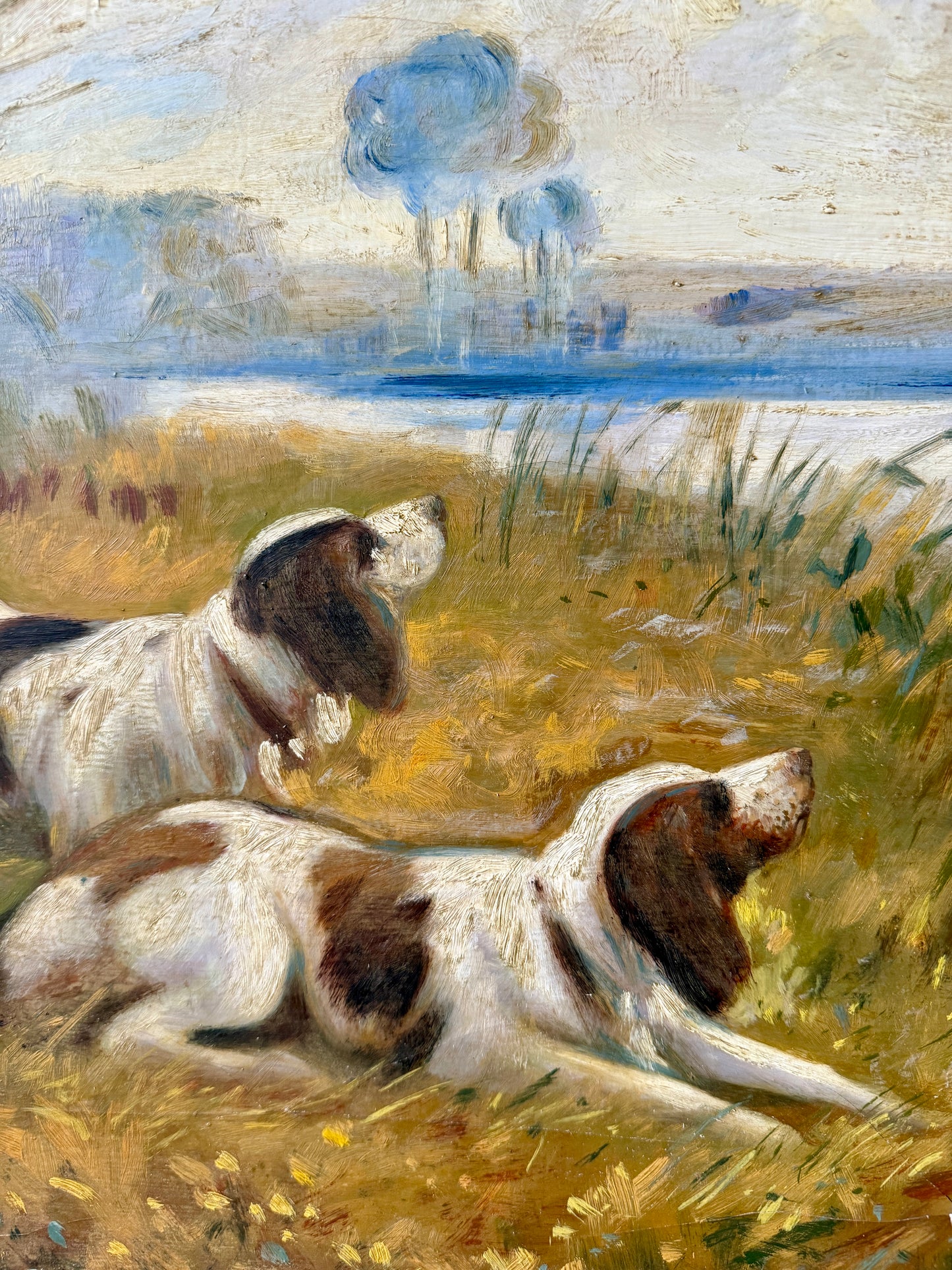 Early 20th Century Portrait of Hunting Dogs in Landscape Oil Painting in Wood Frame