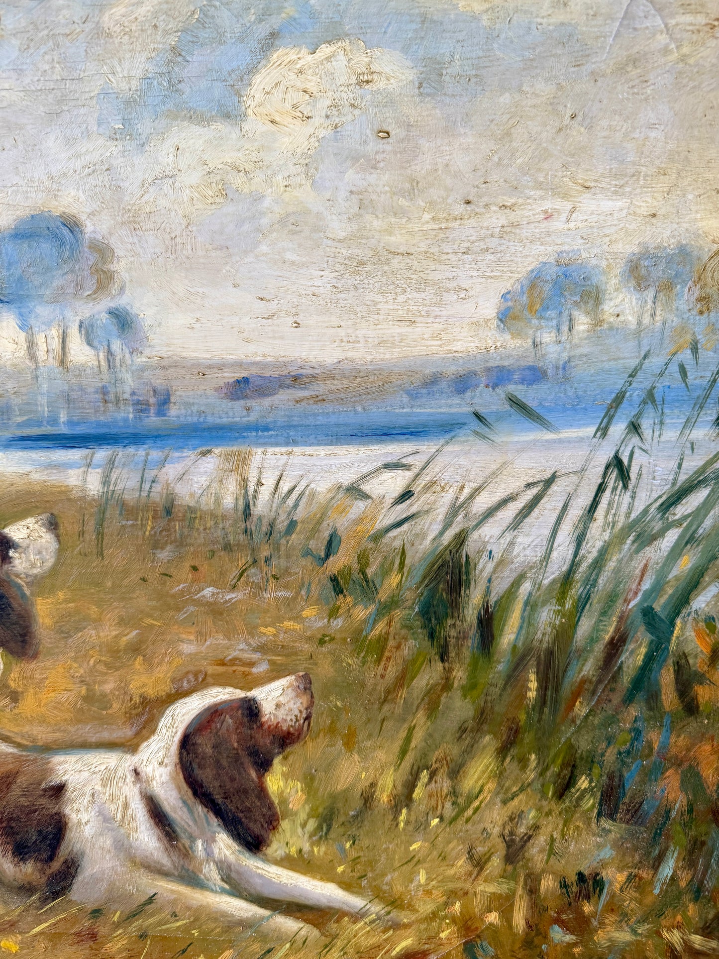 Early 20th Century Portrait of Hunting Dogs in Landscape Oil Painting in Wood Frame