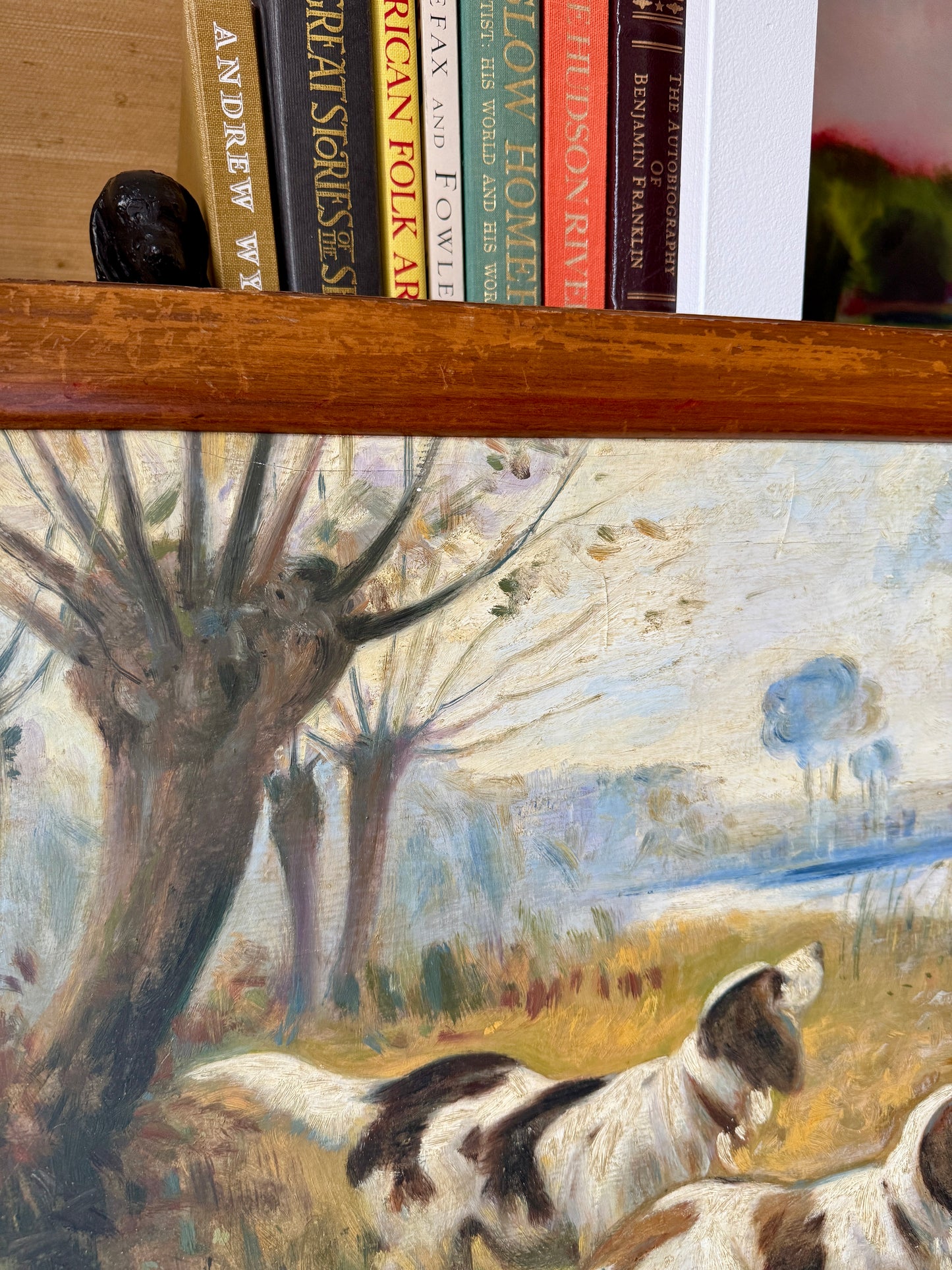 Early 20th Century Portrait of Hunting Dogs in Landscape Oil Painting in Wood Frame