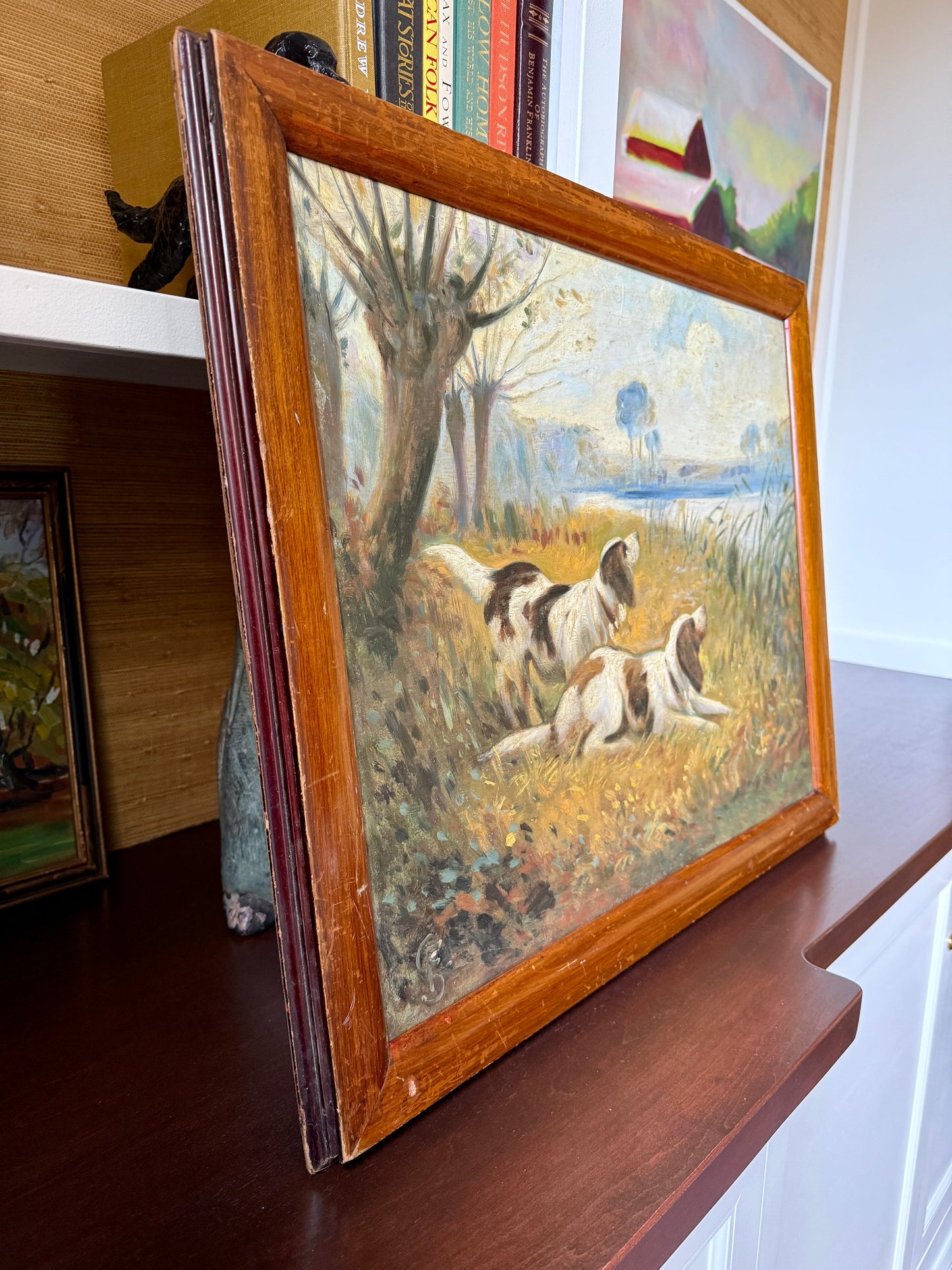 Early 20th Century Portrait of Hunting Dogs in Landscape Oil Painting in Wood Frame