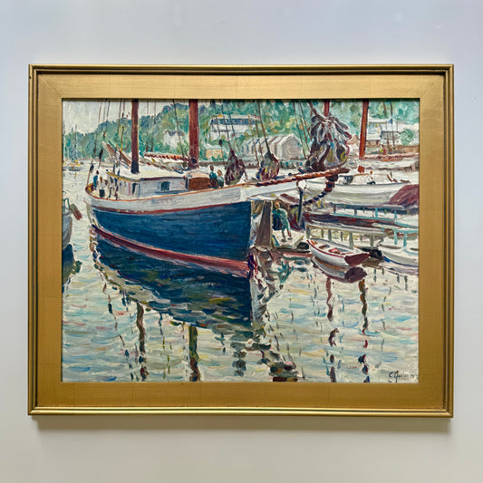 Edmund Jordan Charter Schooner Boatyard Camden Harbor Maine Seascape Oil Painting in Gold Frame