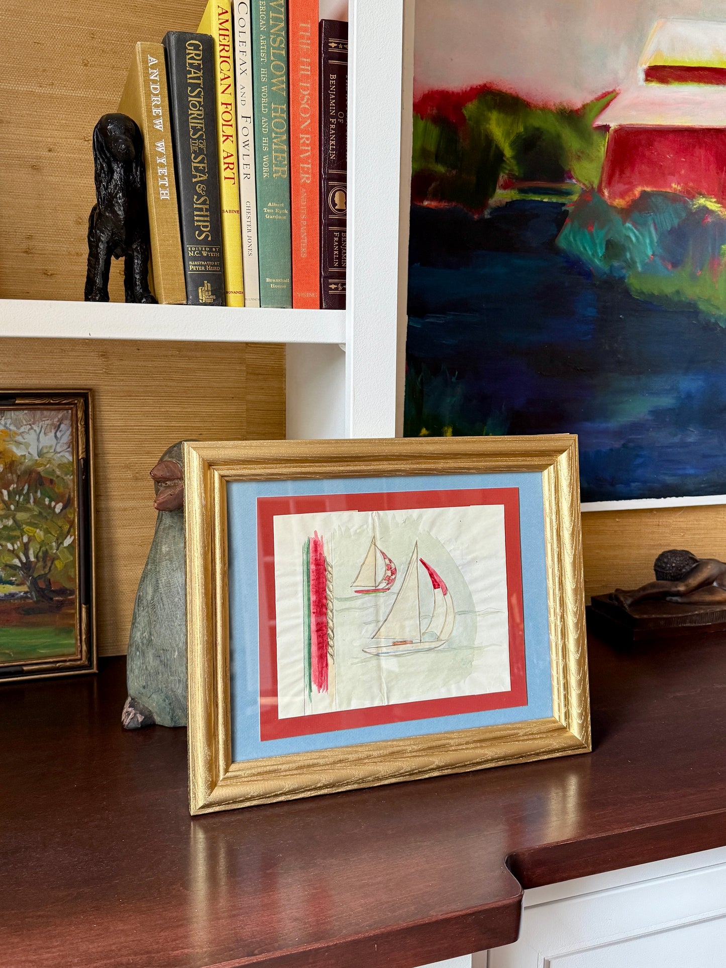 George Wells Nautical Sailboat Rug Design Sketch in Gilded Wood Frame