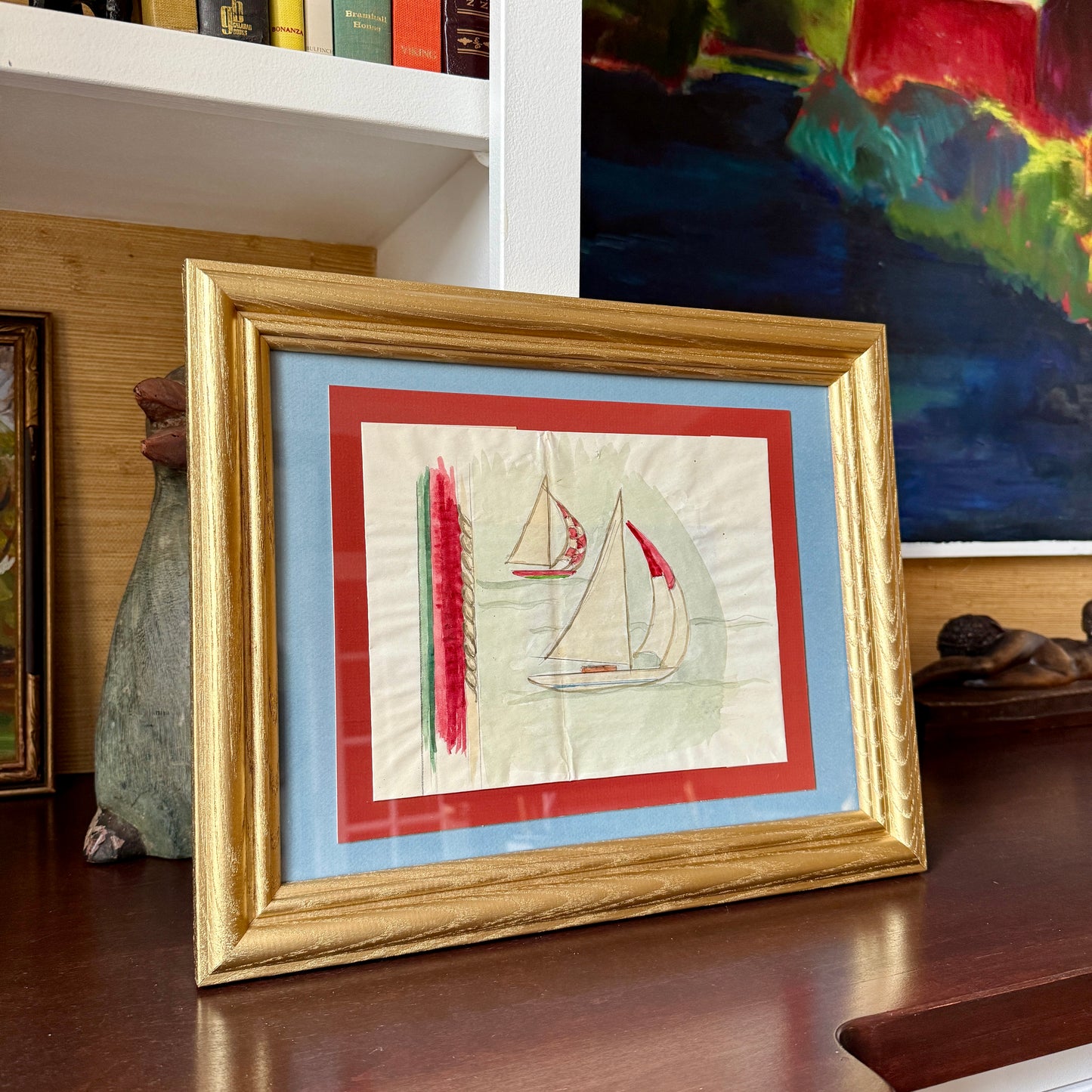 George Wells Nautical Sailboat Rug Design Sketch in Gilded Wood Frame