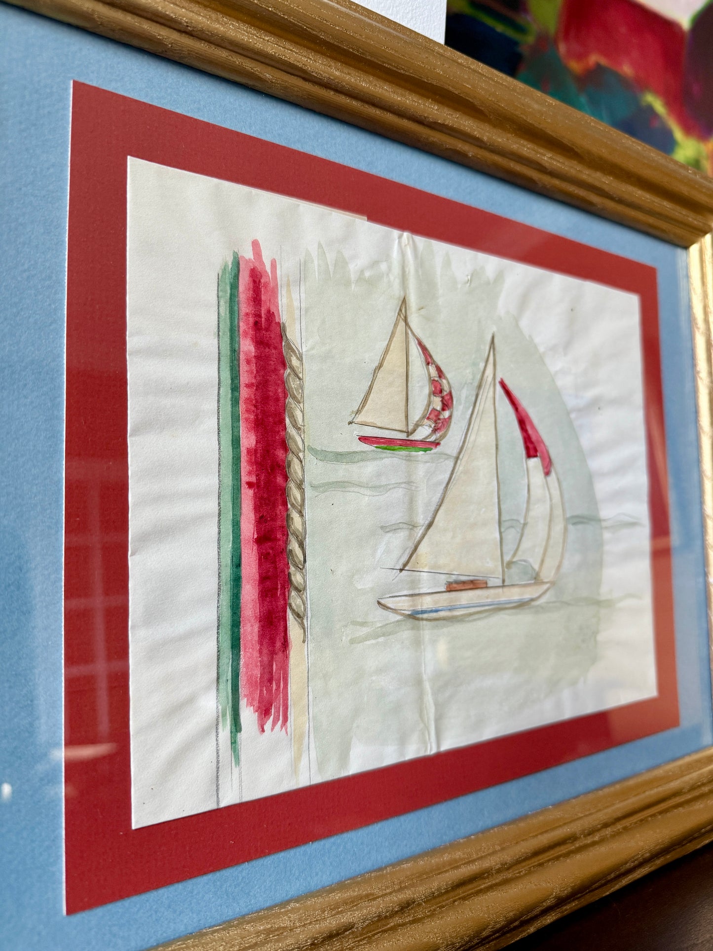 George Wells Nautical Sailboat Rug Design Sketch in Gilded Wood Frame