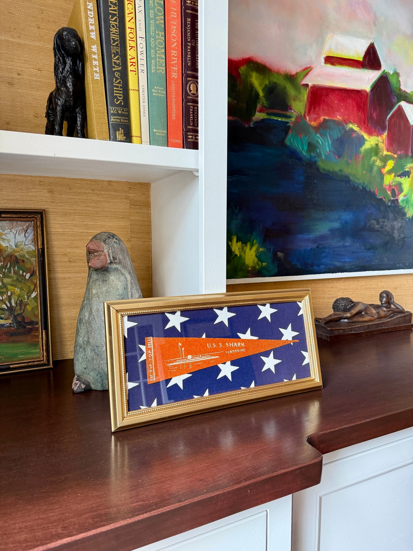Early 20th Century U.S.S. Shark Naval Ship Wool Pennant on Navy White Stars in Gold Frame