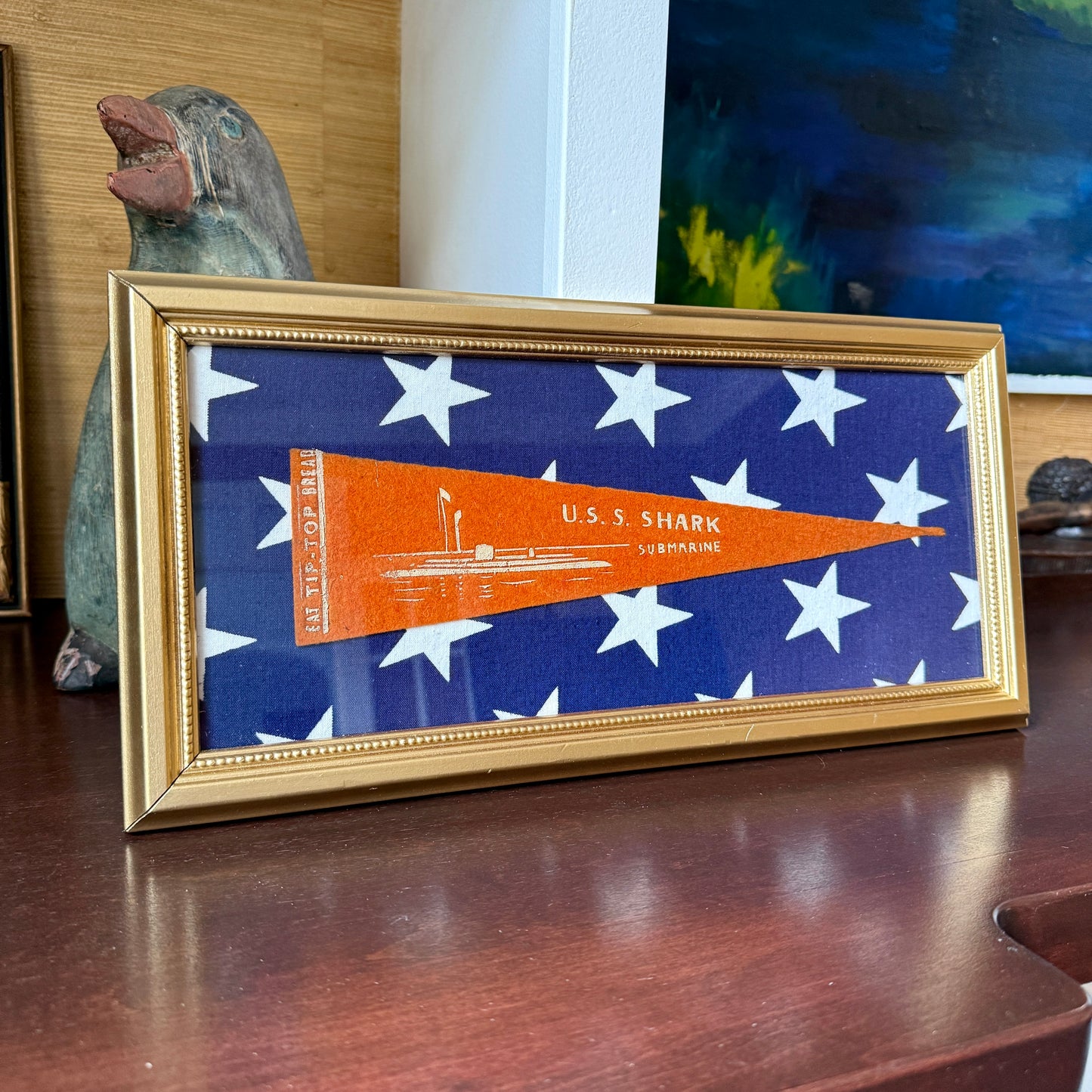Early 20th Century U.S.S. Shark Naval Ship Wool Pennant on Navy White Stars in Gold Frame