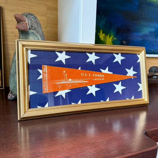 Early 20th Century U.S.S. Shark Naval Ship Wool Pennant on Navy White Stars in Gold Frame