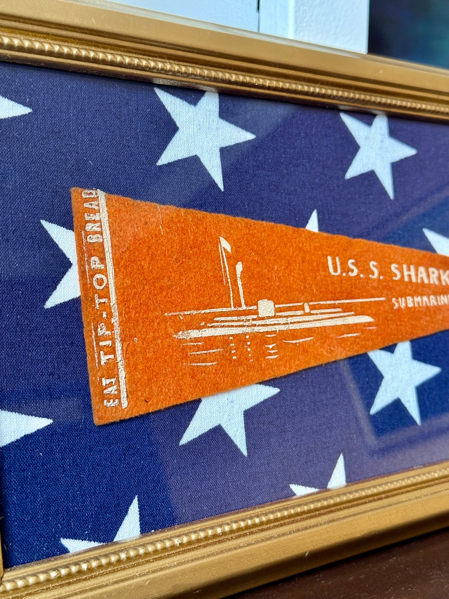 Early 20th Century U.S.S. Shark Naval Ship Wool Pennant on Navy White Stars in Gold Frame
